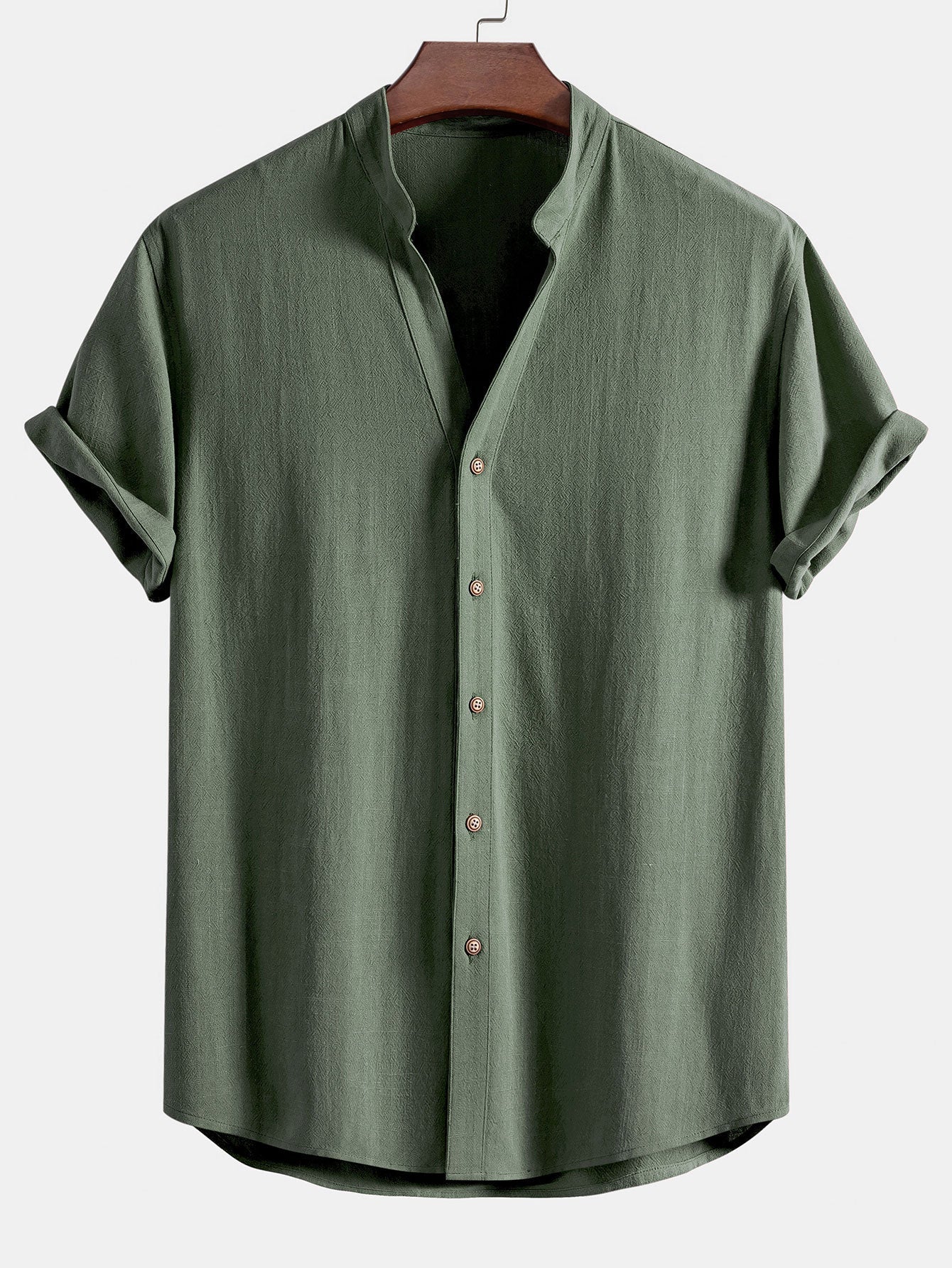 Short Sleeve V Neck Linen Rayon Blend Shirt & Crinkle Textured Drawstring 5" Shorts