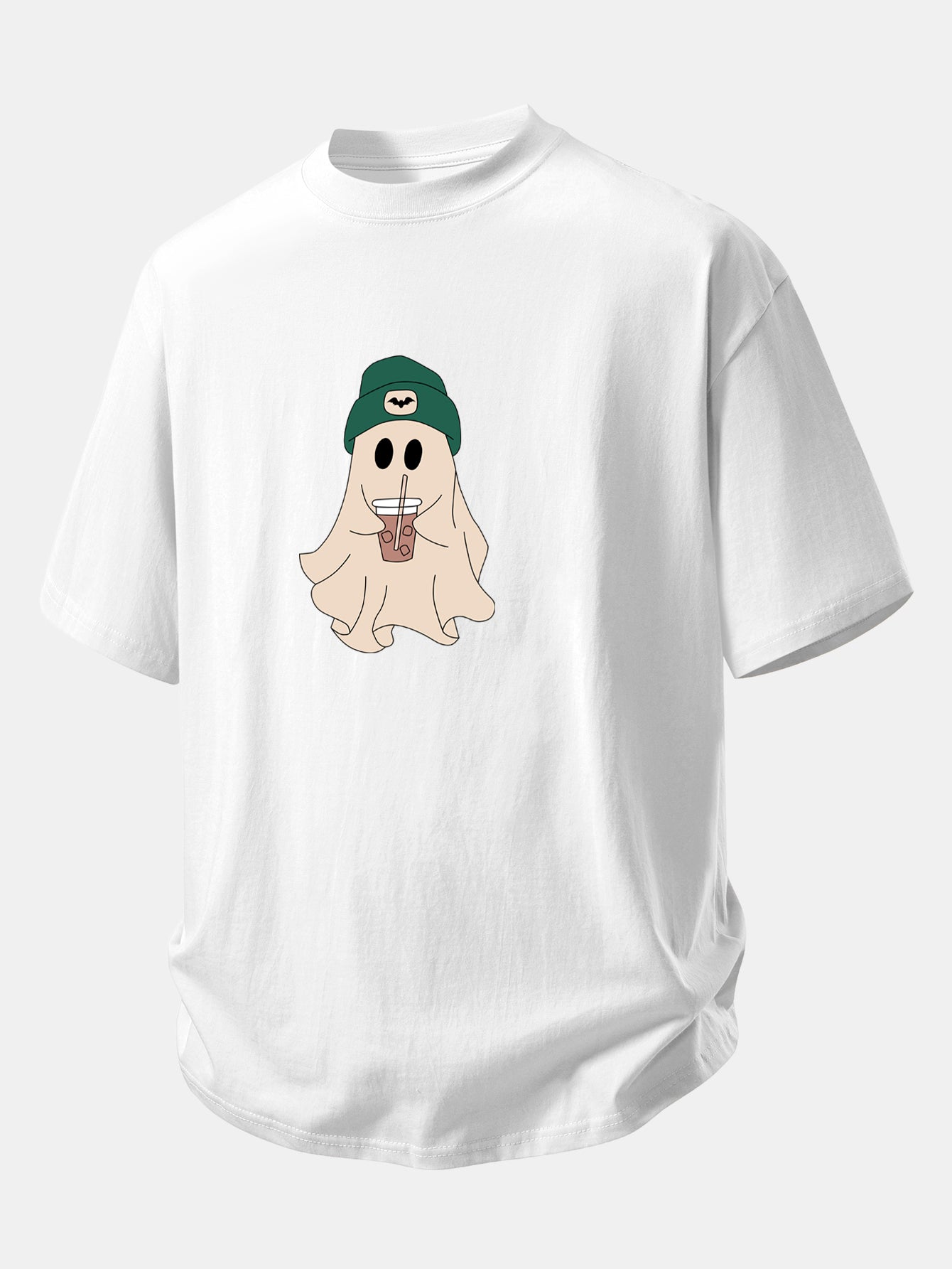 Relax Fit Darkgreen Hat Ghost Print Cotton T-Shirt & Cotton Drawstring 7" Shorts