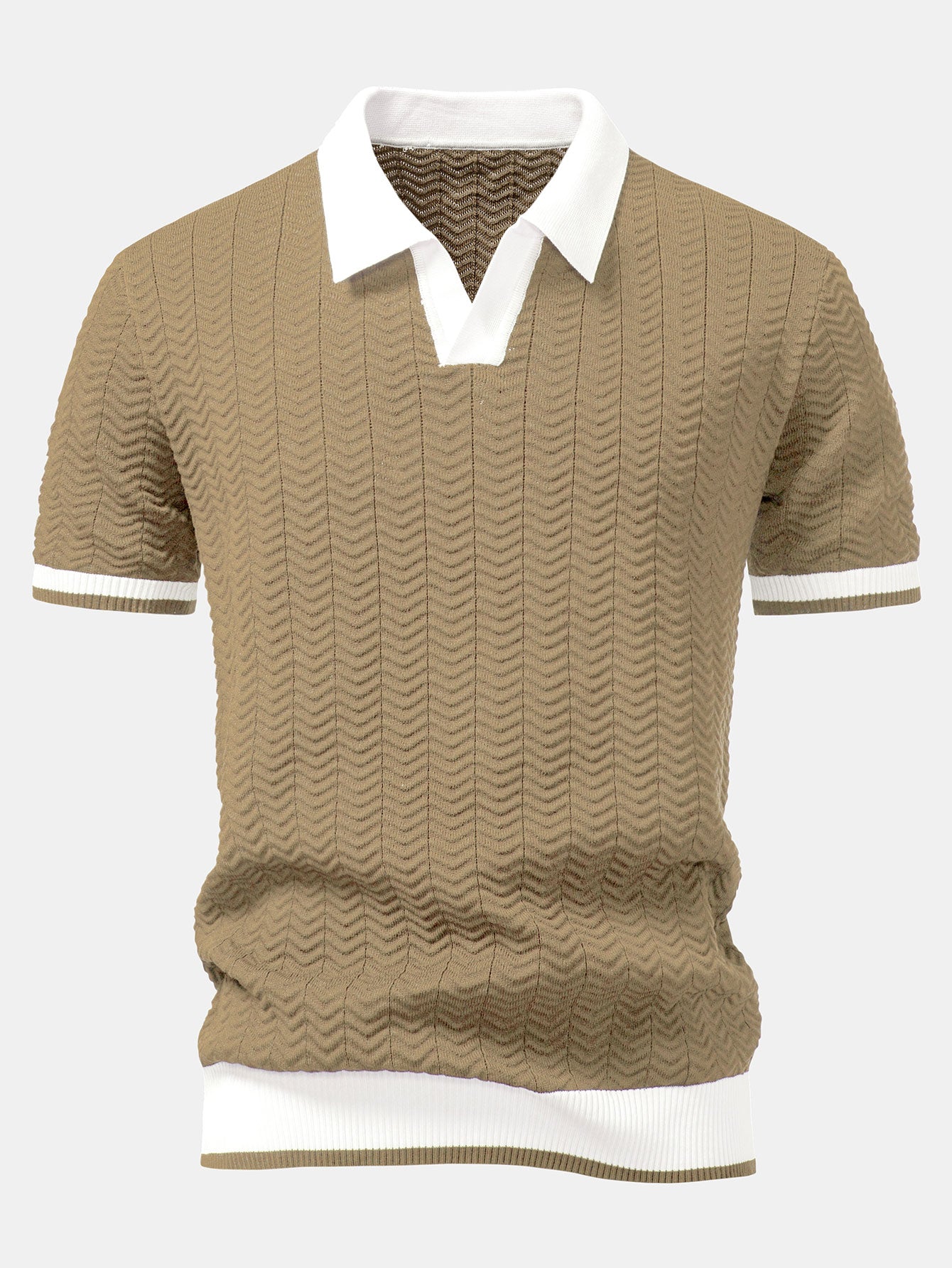 Texture Contrast Knitted V Neck Polo Shirt & Elastic Waist Chino Shorts