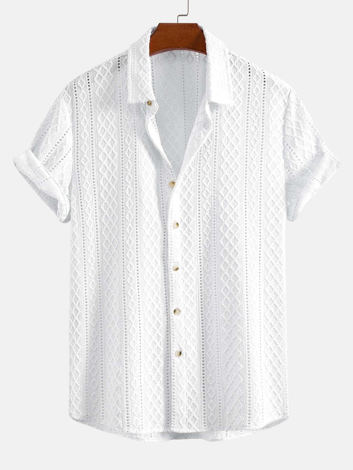Geometry Rhombus Jacquard Button Up Shirt & Straight Leg Linen Pants