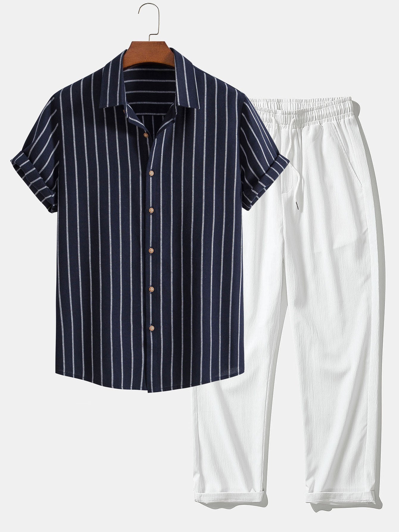 Cotton Blend Striped Button Up Shirt & Crinkle Textured Straight Leg Pants