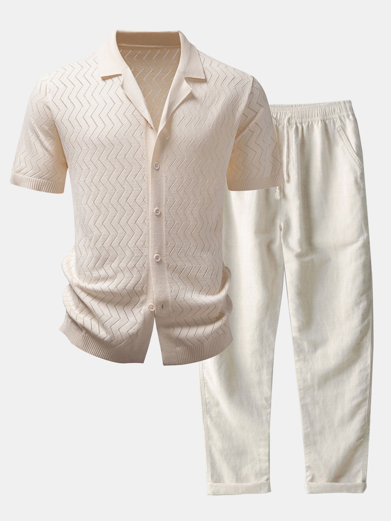 Zig Zag Open Knit Shirt & Straight Leg Linen Pants