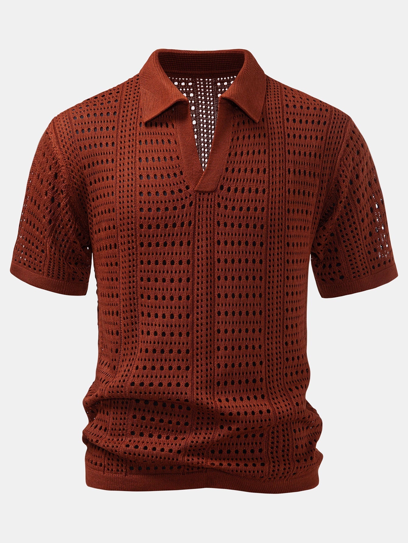 Crochet V Neck Polo Shirt & Crinkle Textured Drawstring 5" Shorts
