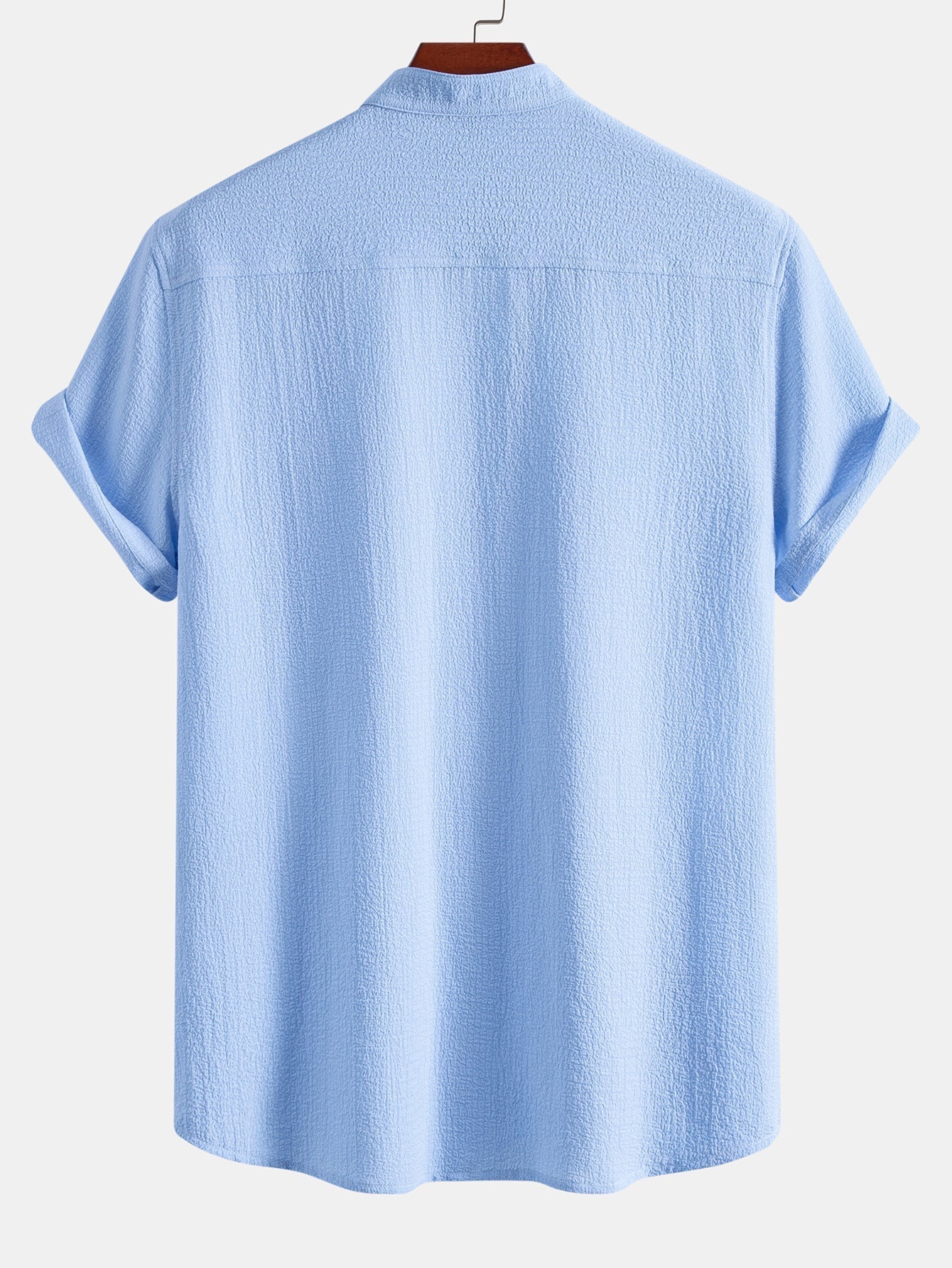 Short Sleeve Seersucker Stand Collar Shirt & Crinkle Textured Straight Leg Pants