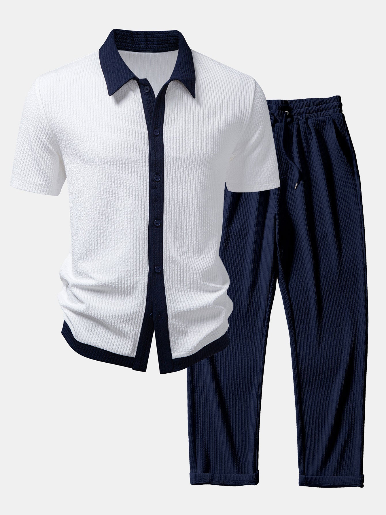 Contrast Ribbed Button Up Shirt & Straight Leg Ribbed Pants
