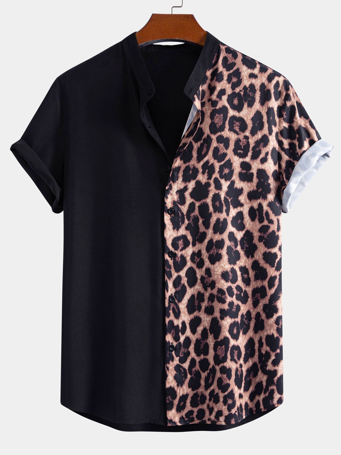 Leopard Patchwork Stand Collar Shirt & Leopard Print Patchwork 6" Shorts
