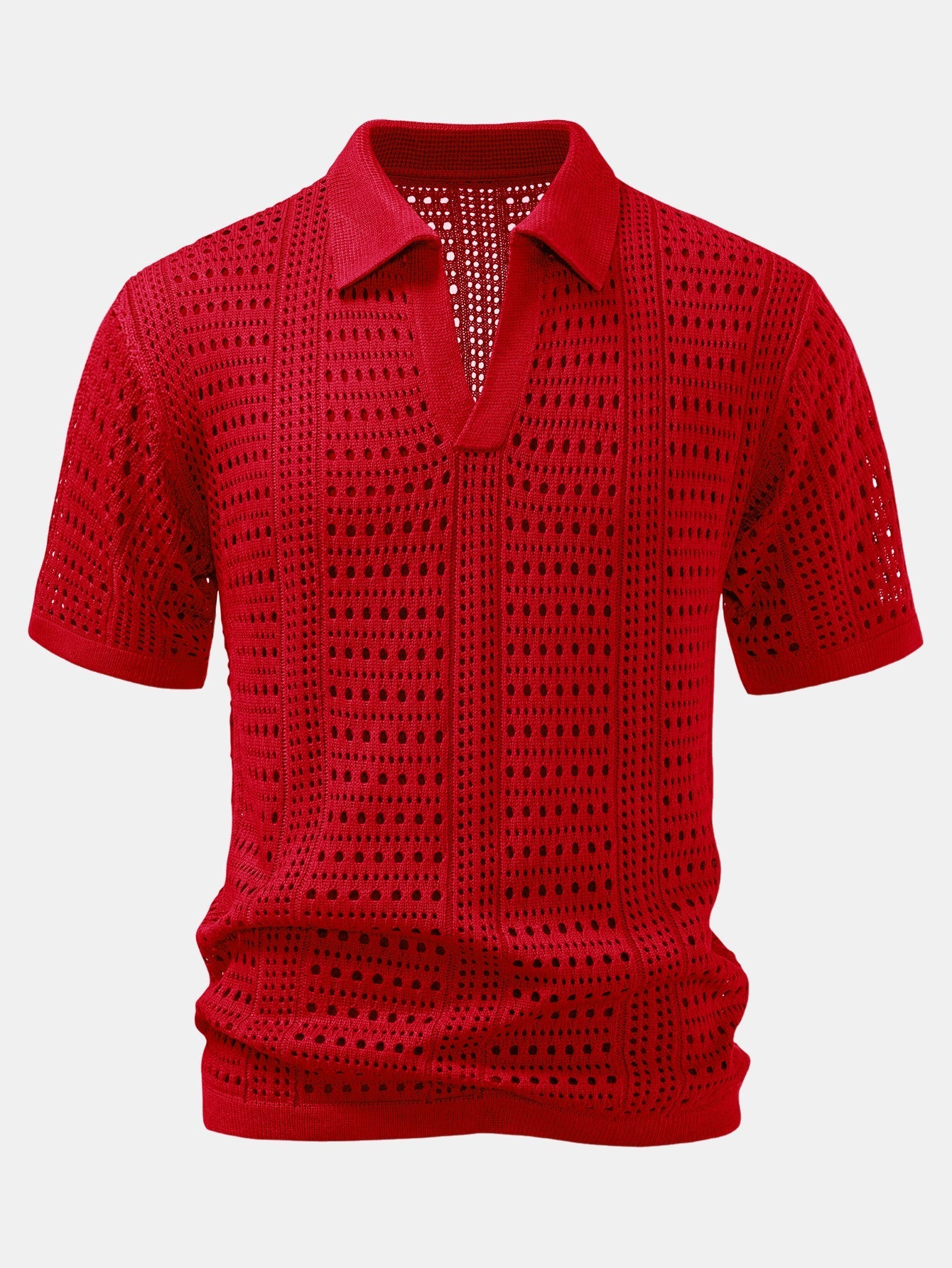 Crochet V Neck Polo Shirt & Crinkle Textured Drawstring 5" Shorts