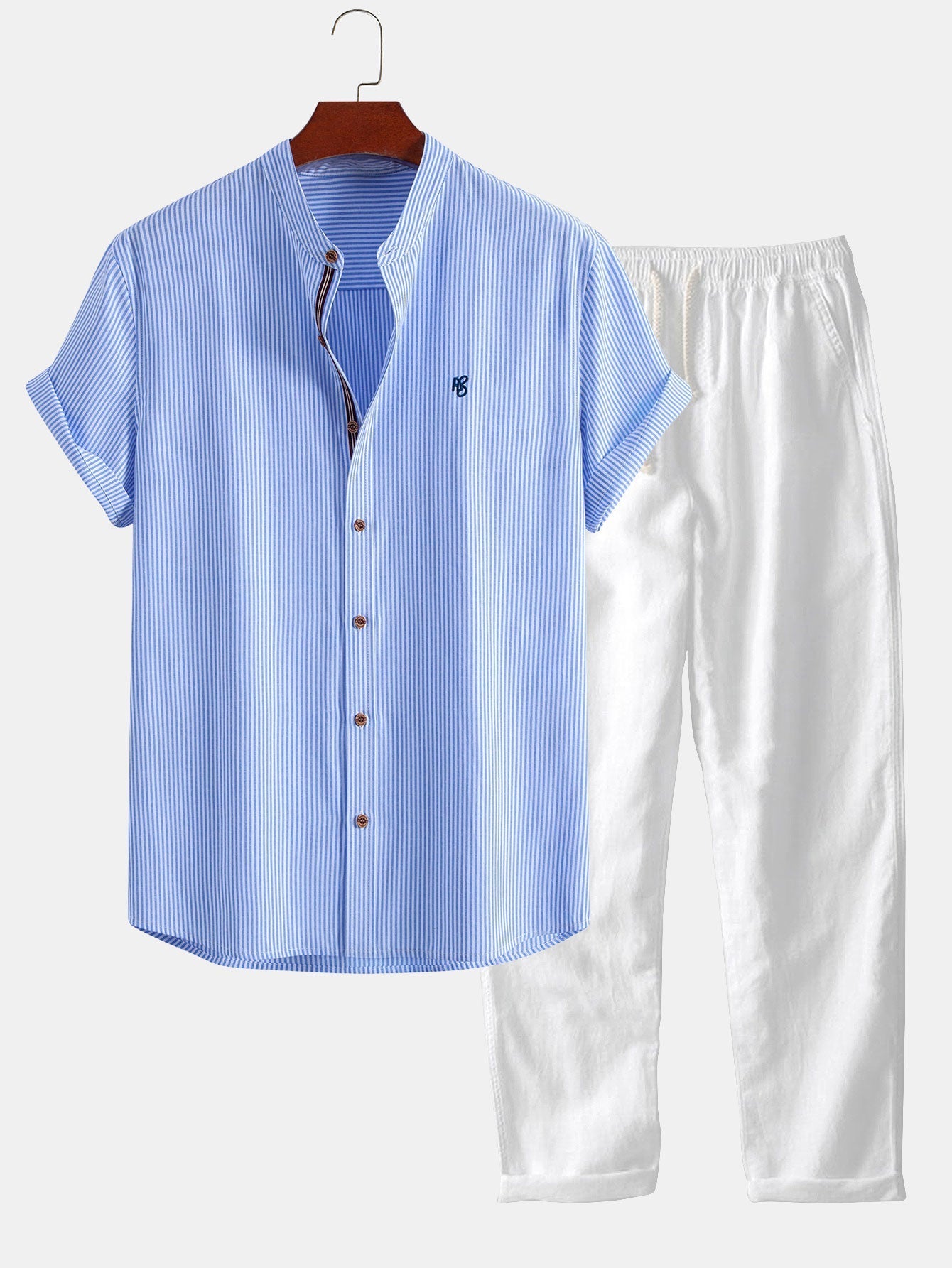 Short Sleeve Cotton Stripe Stand Collar Shirt & Straight Leg Linen Pants