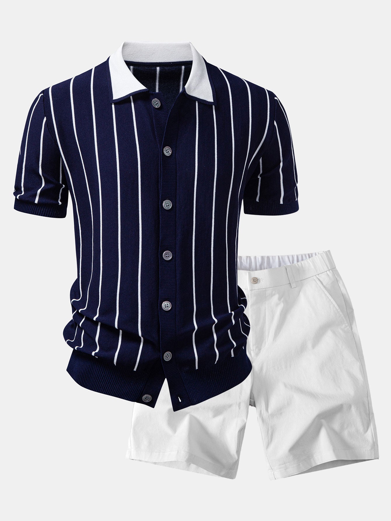 Stripe Button Up Knit Shirt & Elastic Waist Chino Shorts
