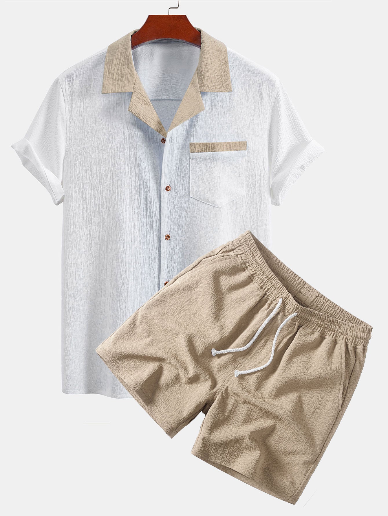 Crinkle Textured Contrast Cuban Shirt & Drawstring 5" Shorts