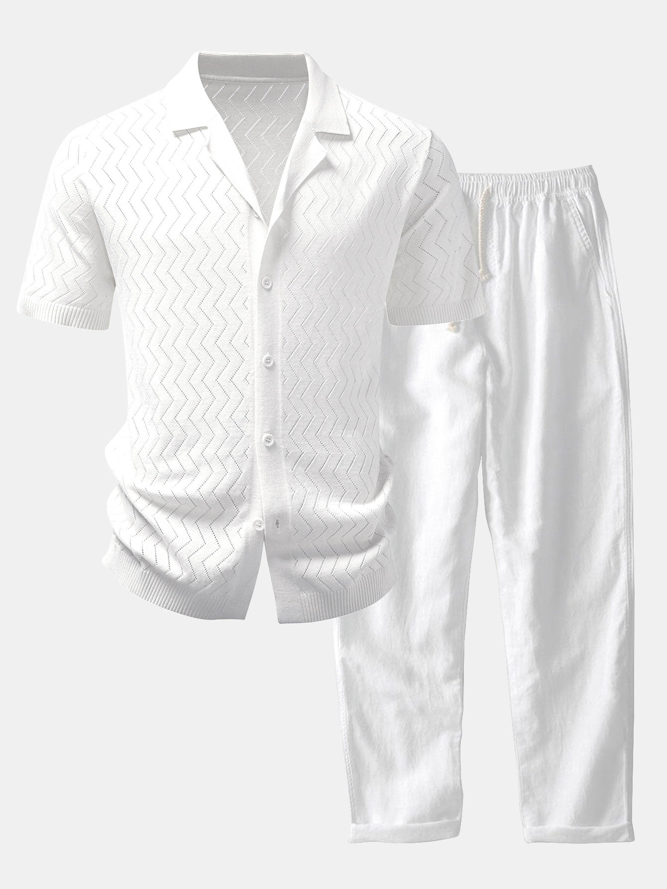 Zig Zag Open Knit Shirt & Straight Leg Linen Pants