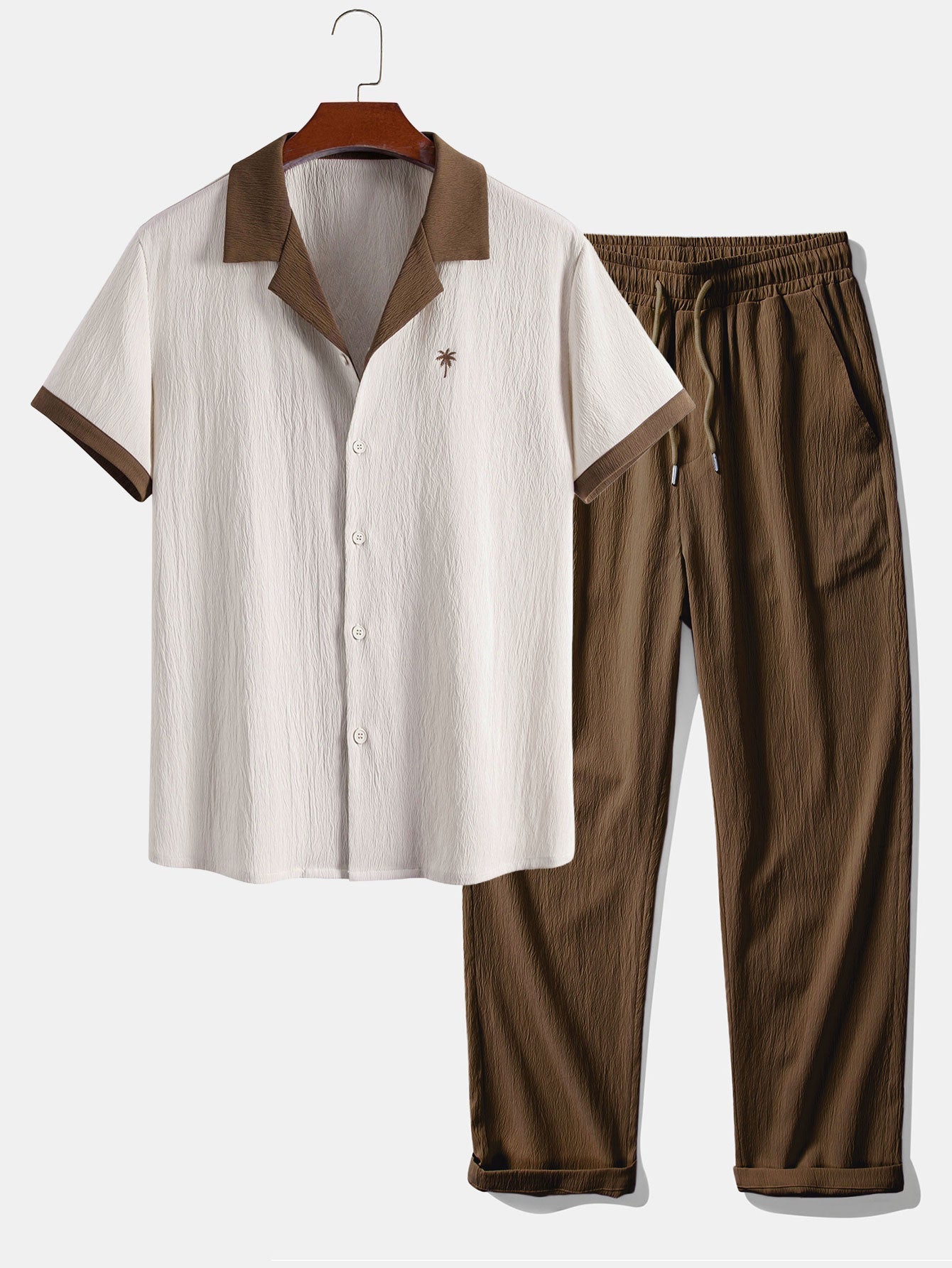 Contrast Palm Tree Embroidery Crinkle Shirt & Crinkle Textured Straight Leg Pants