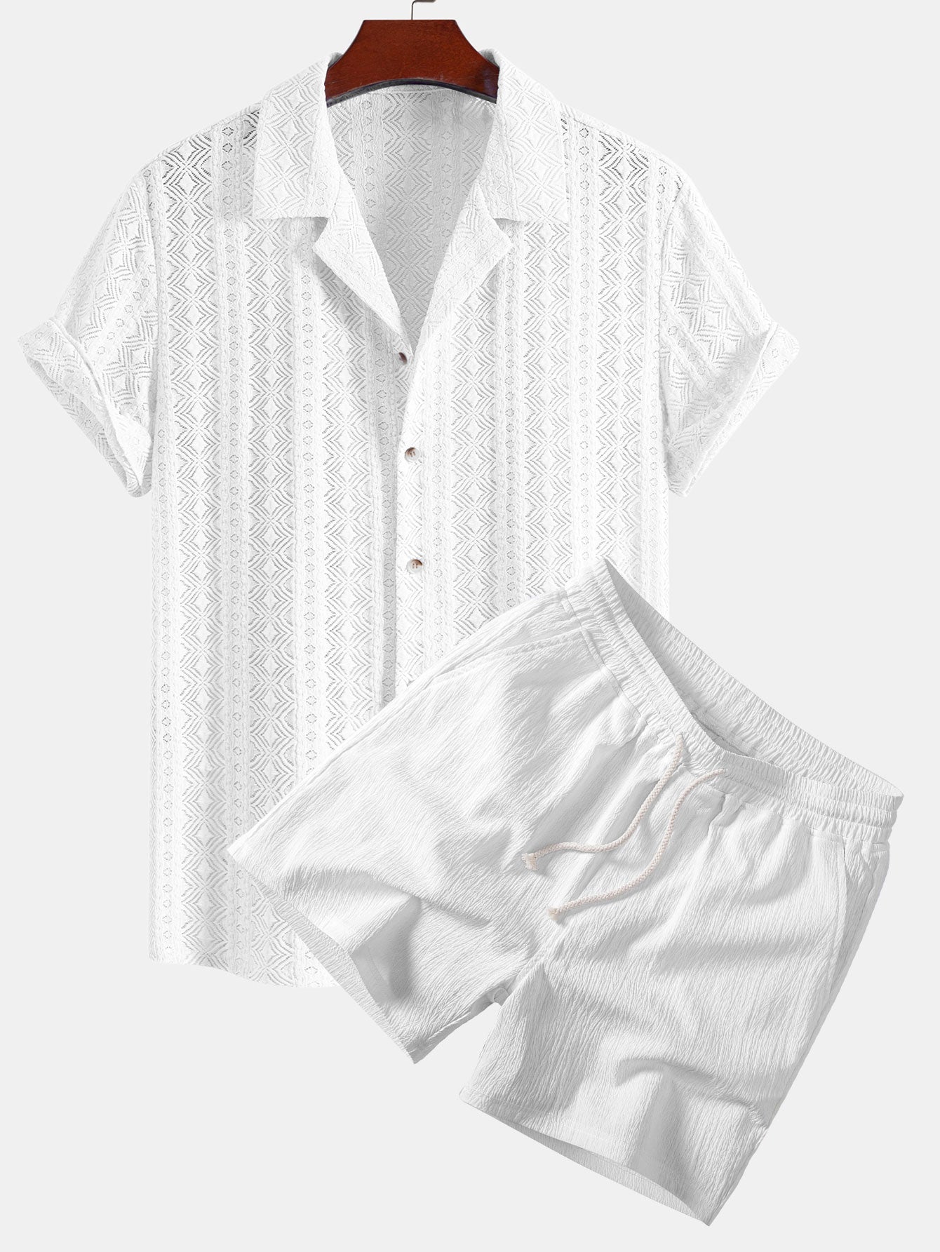 Geometric Jacquard Cuban Shirt & Crinkle Textured Drawstring 5" Shorts