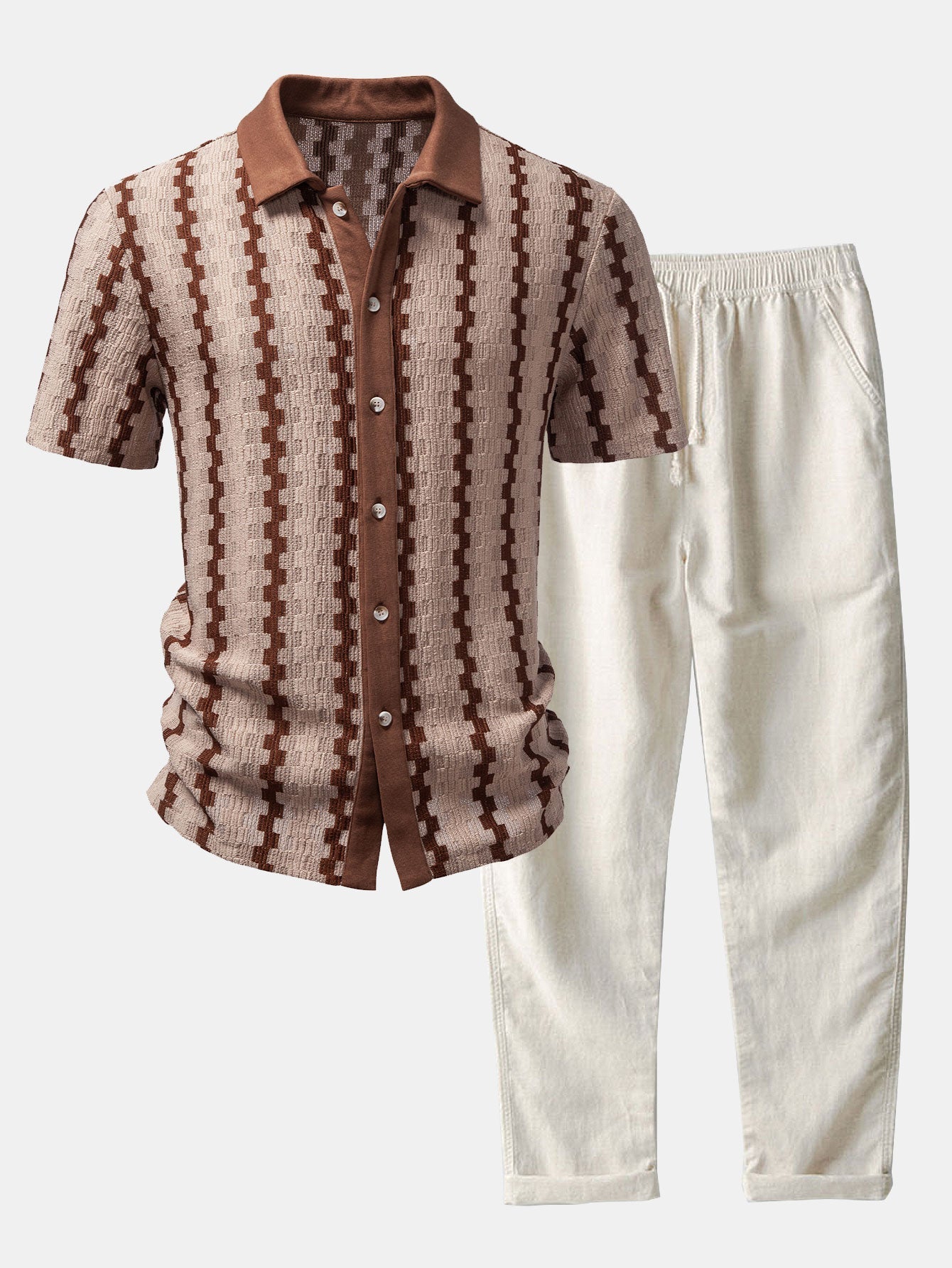 Plaid Jacquard Button Up Shirt & Straight Leg Linen Pants