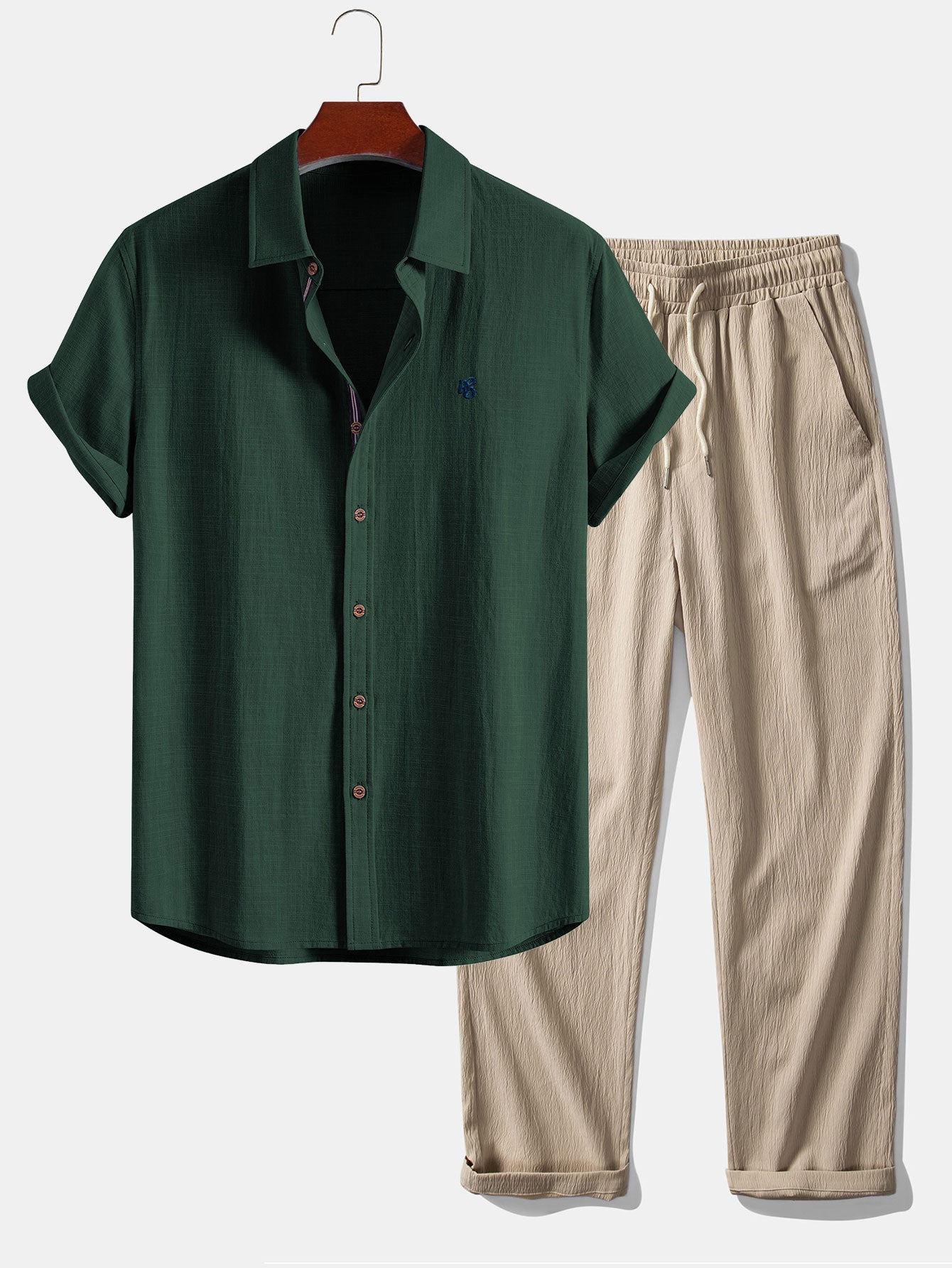 Short Sleeve Linen Look Button Up Shirt & Crinkle Textured Straight Leg Pants