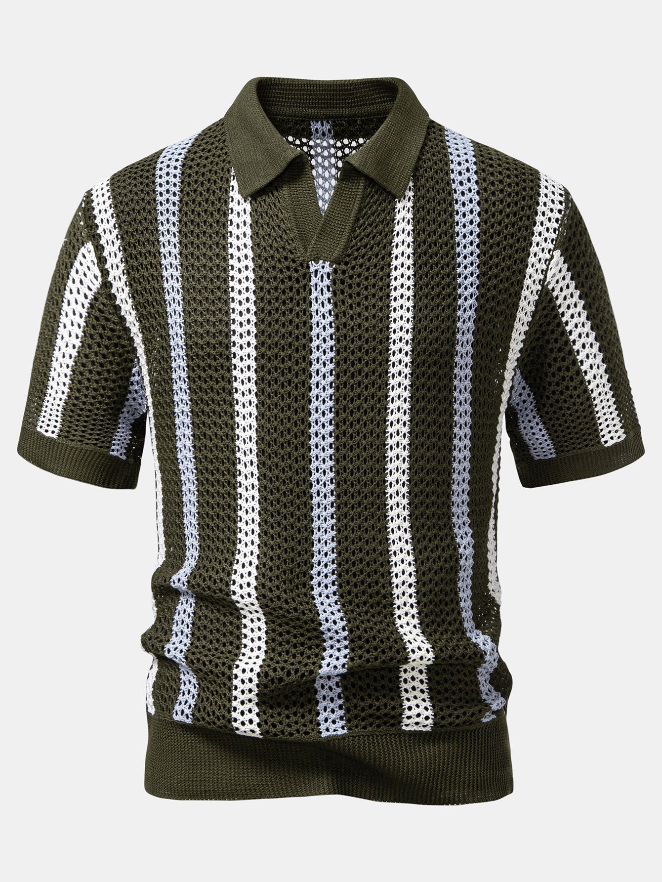 Striped Crochet V Neck Polo & Crinkle Textured Drawstring 5" Shorts