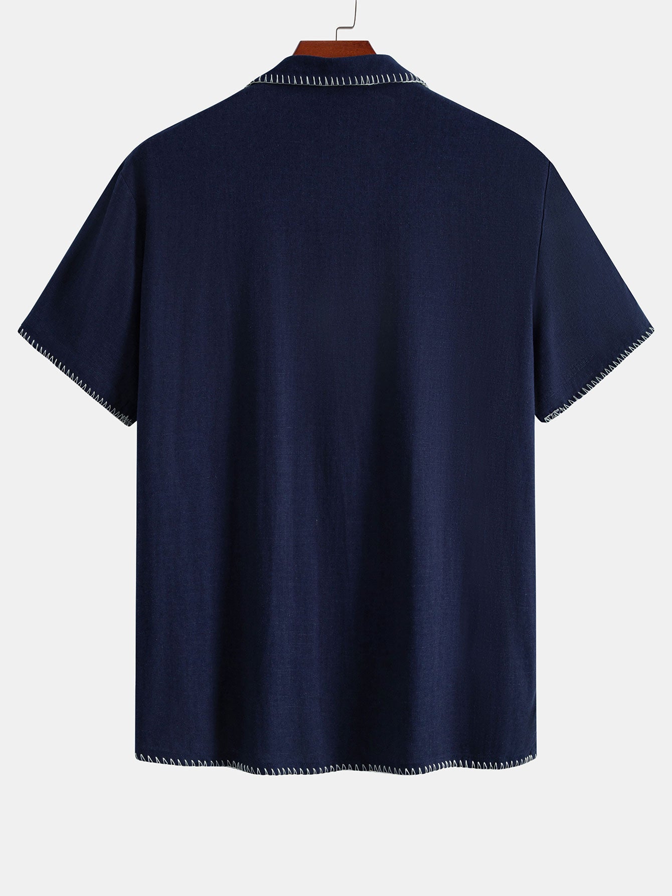 Contrast Stitching Linen Rayon Blend Cuban Shirt & Crinkle Textured Drawstring 5" Shorts