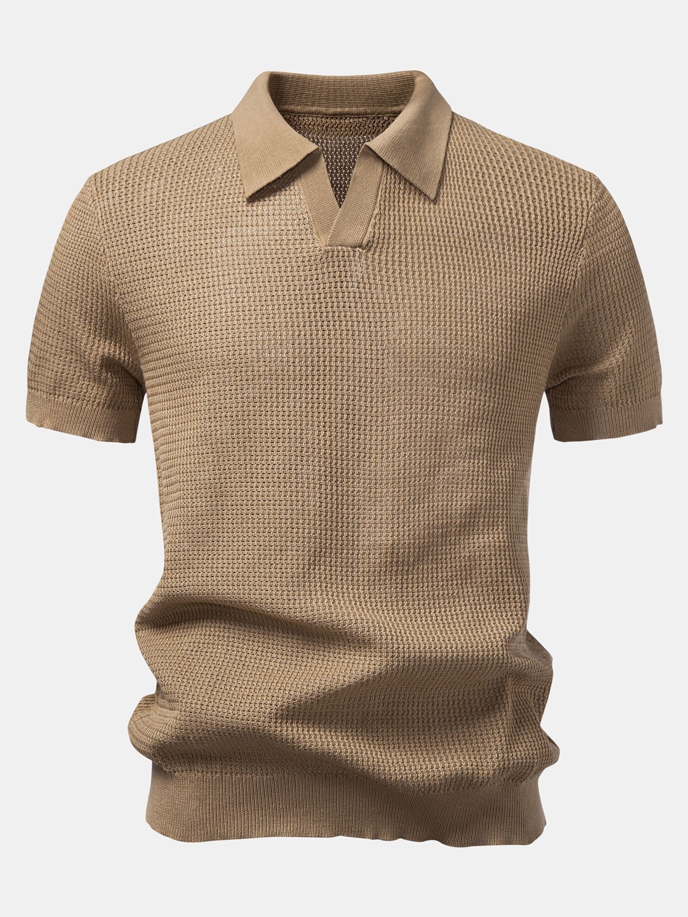 Textured Johnny Collar Crocheted Knit Polo & Straight Leg Linen Pants