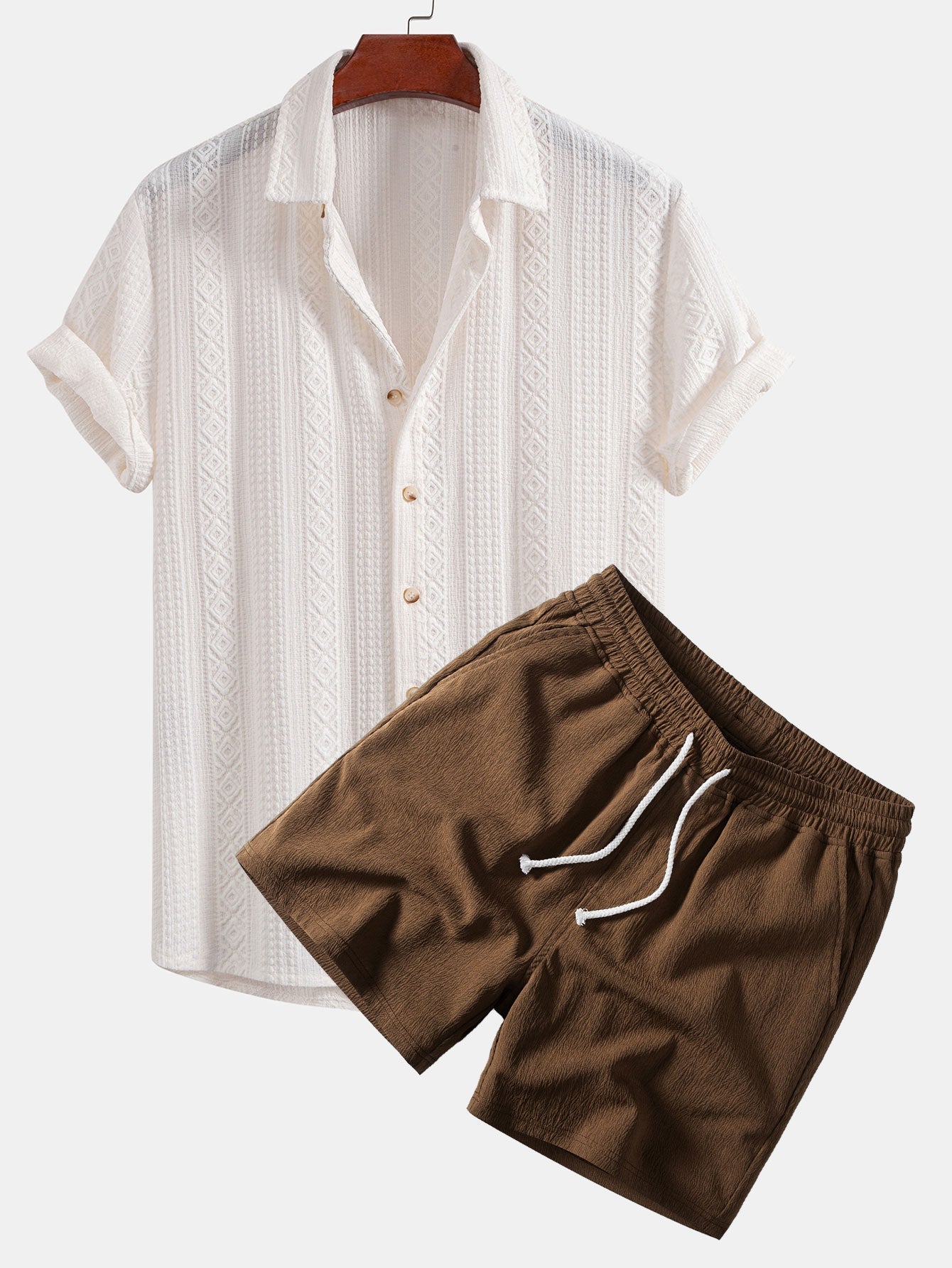 Geometric Jacquard Button Up Shirt & Crinkle Textured Drawstring 5" Shorts