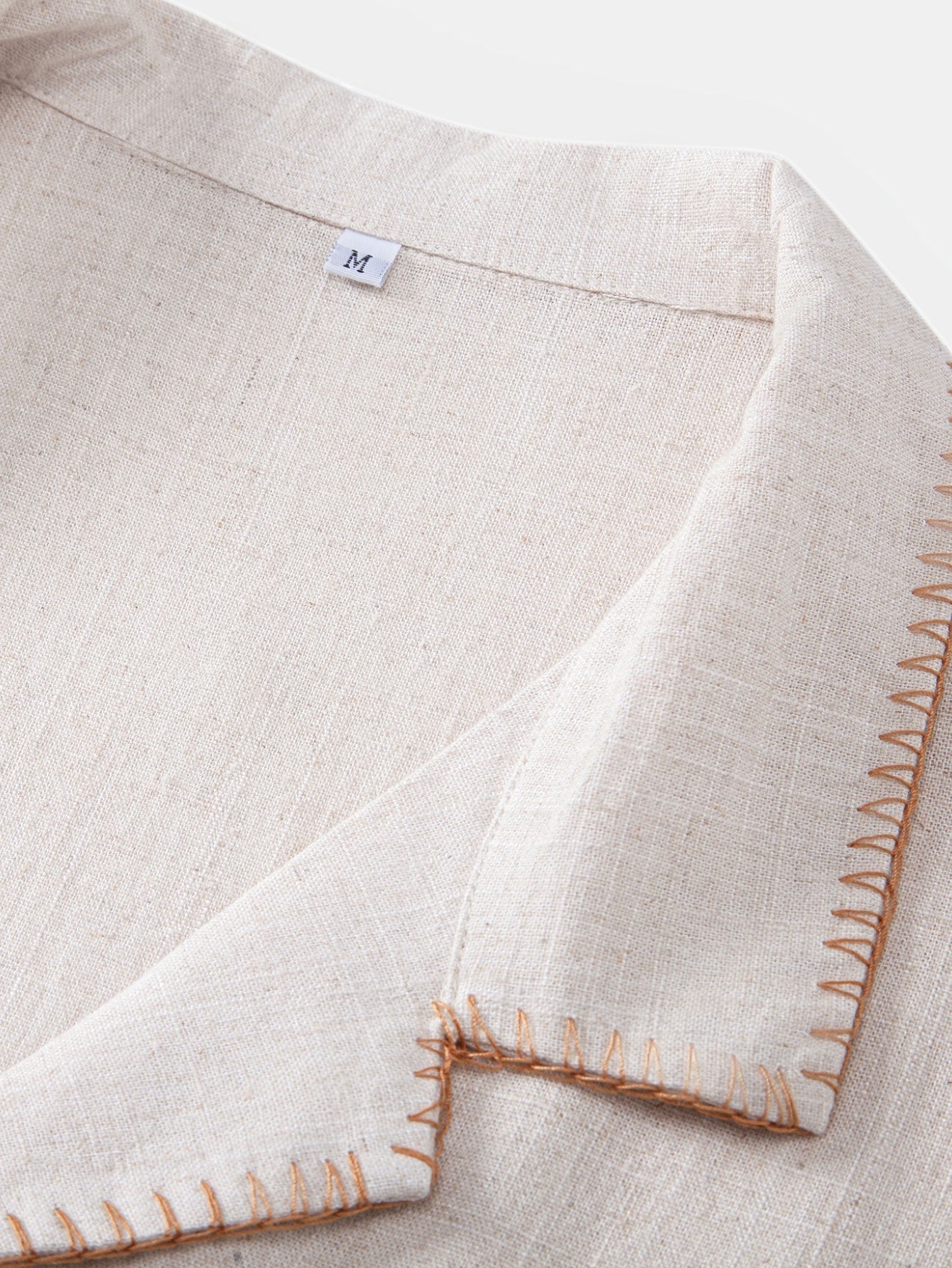 Contrast Stitching Linen Rayon Blend Cuban Shirt & Straight Leg Linen Pants