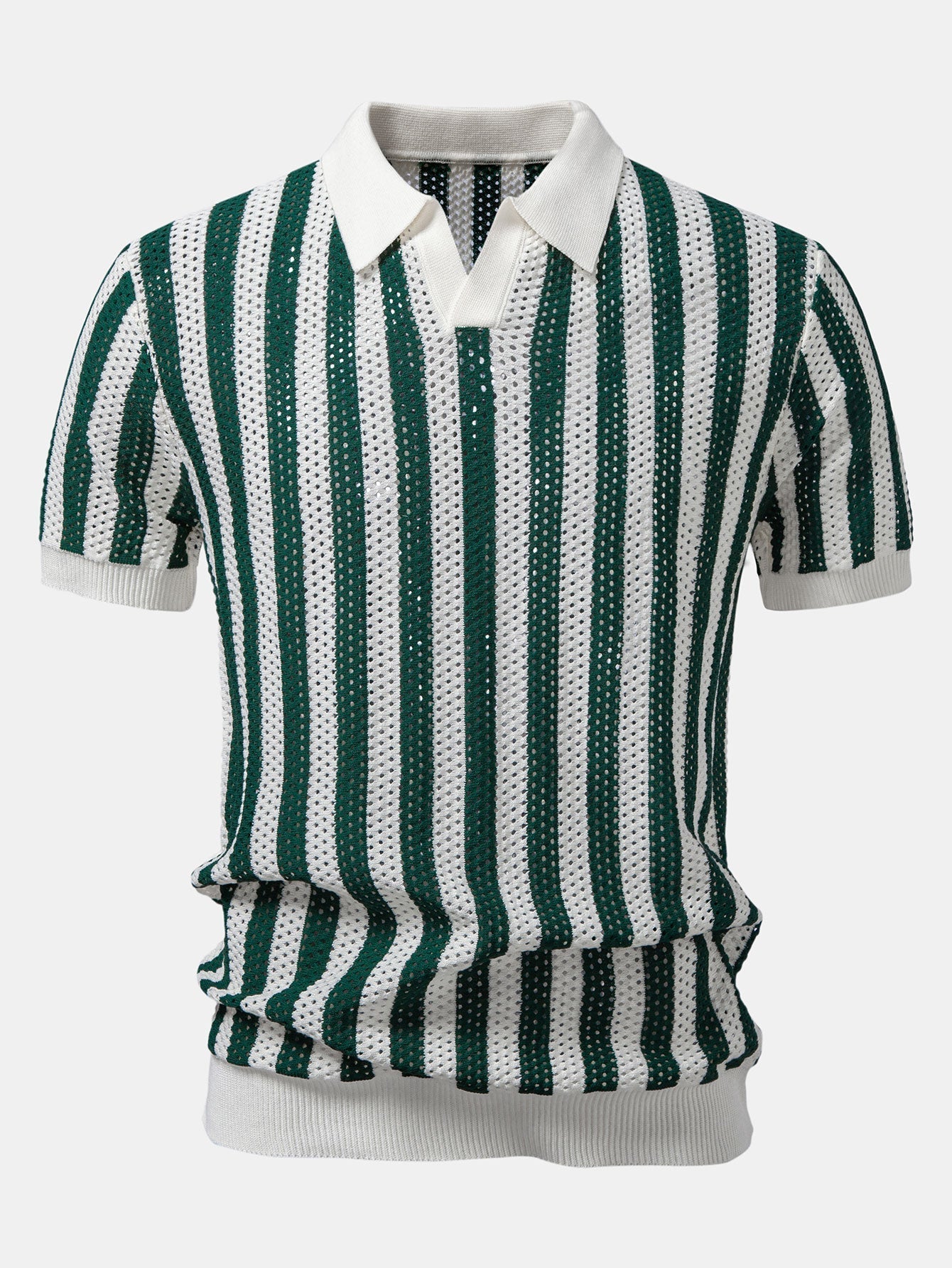 Stripe Johnny Collar Open Knit Polo & Straight Leg Linen Pants