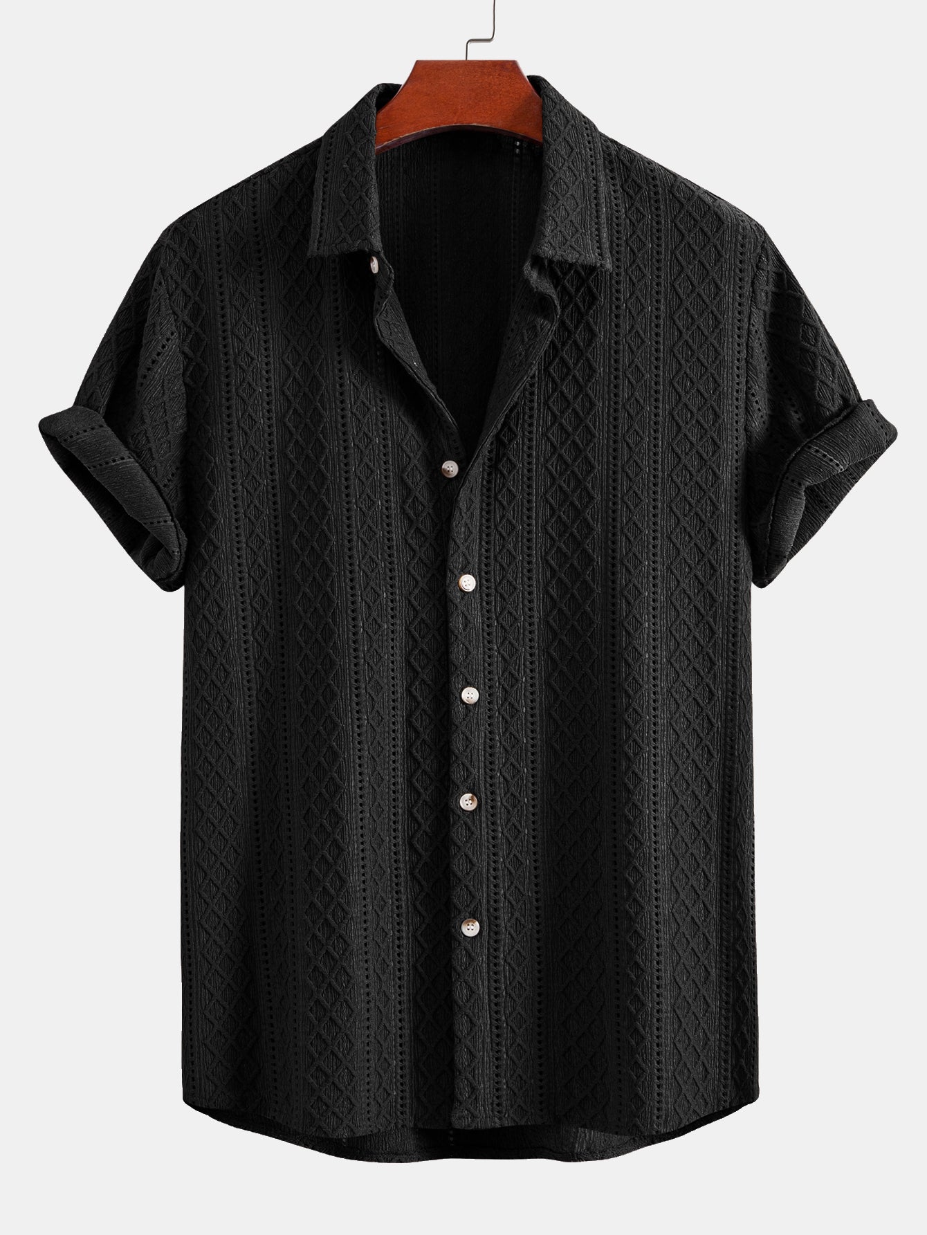 Geometry Rhombus Jacquard Button Up Shirt & Linen Blend Drawstring 7" Shorts