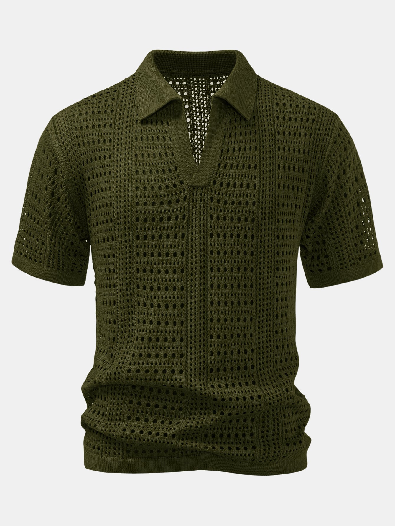 Crochet V Neck Polo Shirt & Crinkle Textured Drawstring 5" Shorts
