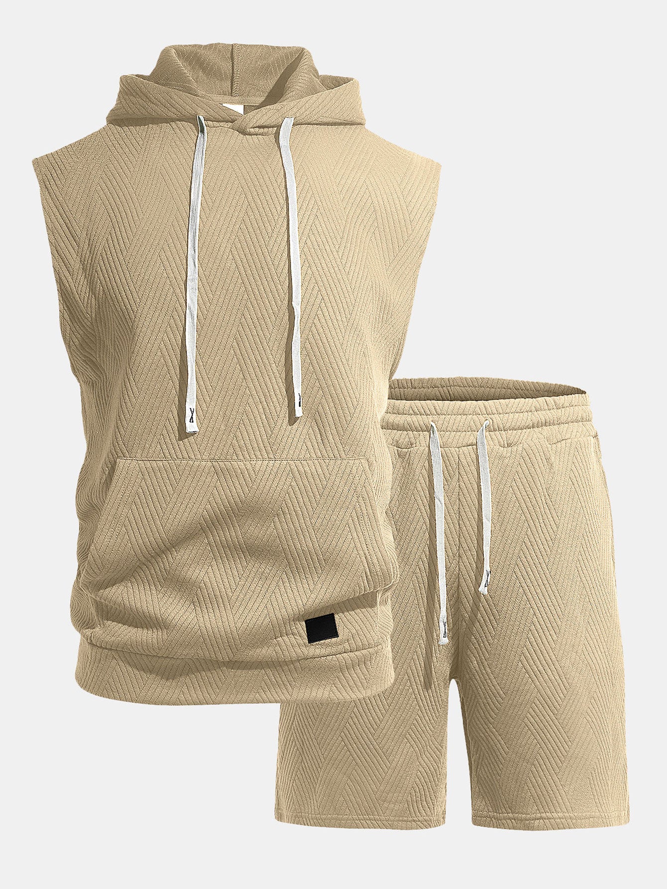 Stripe Textured Sleeveless Hooded T-Shirt & Drawstring Shorts Set
