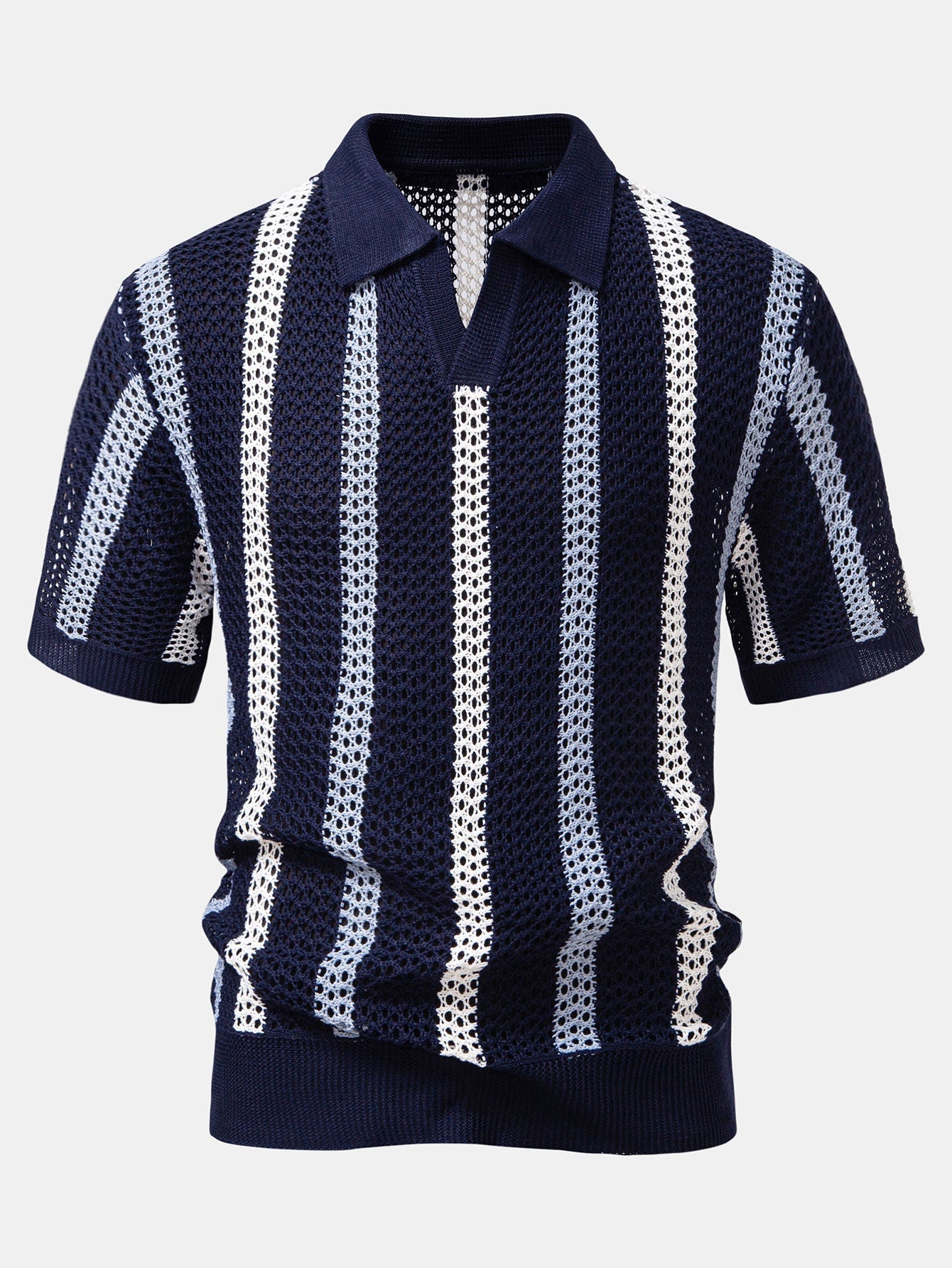 Striped Crochet V Neck Polo & Crinkle Textured Drawstring 5" Shorts