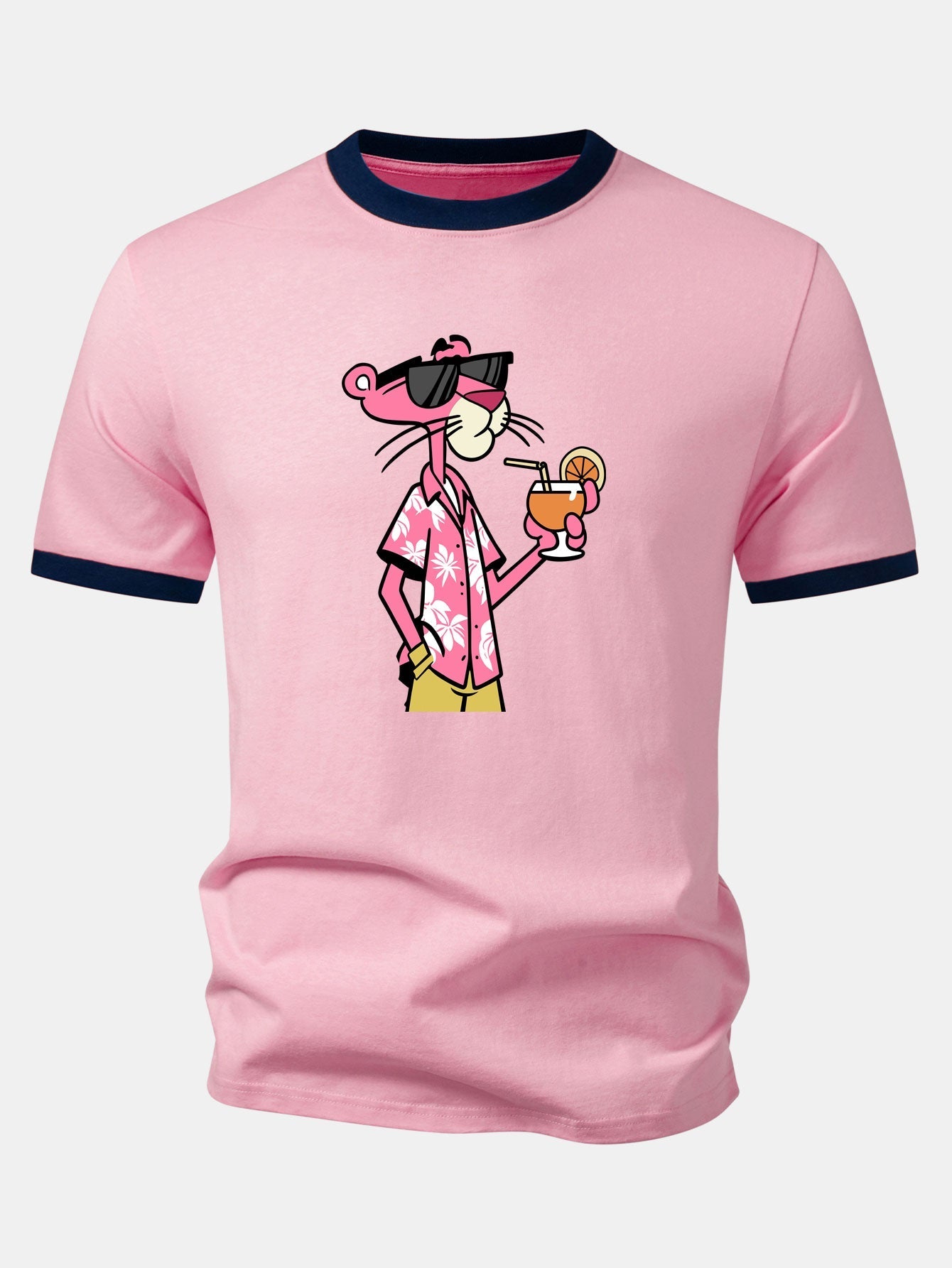 Vacation Pink Panther Print Contrast Ringer T-Shirt & 5" Drawstring Corduroy Shorts