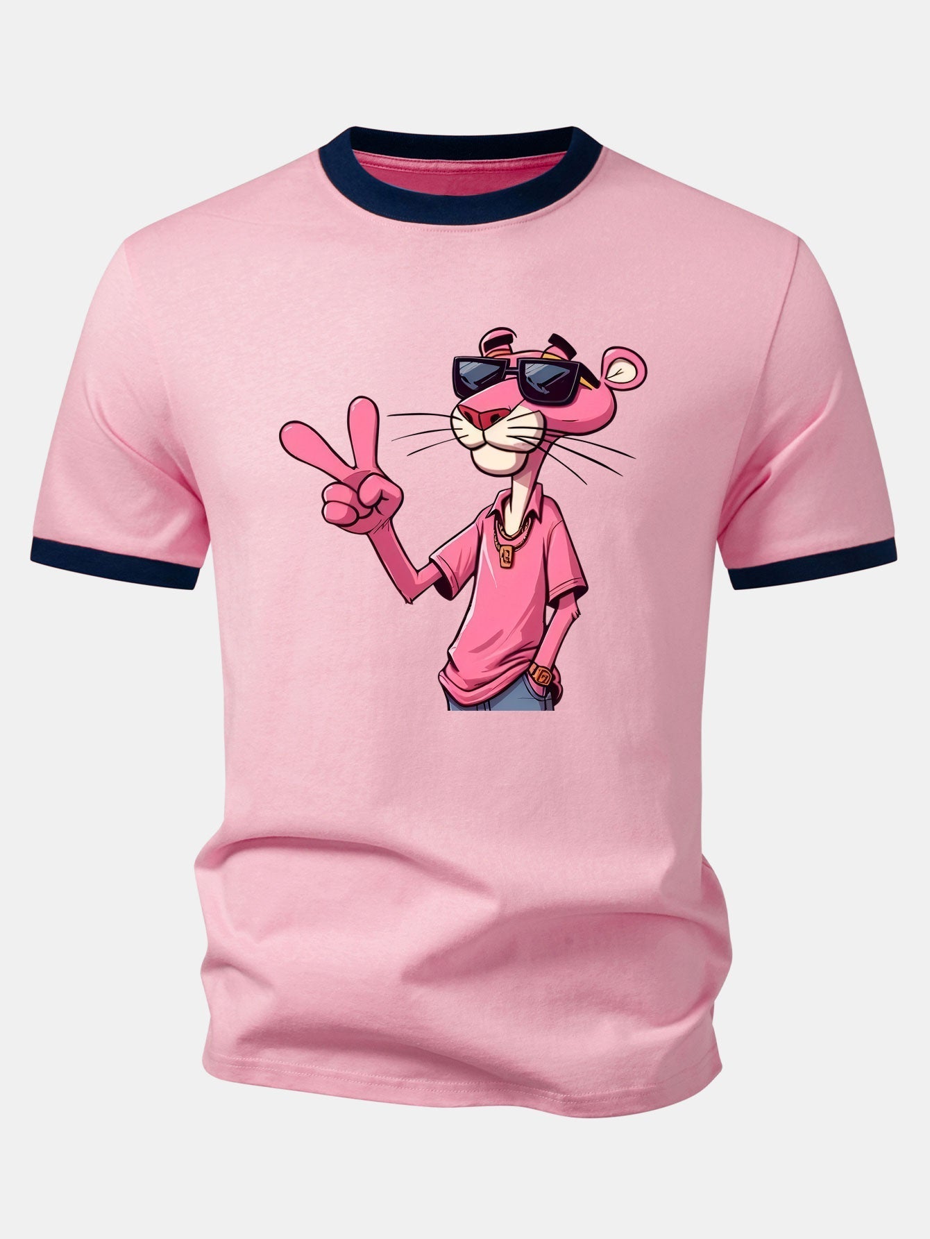Pink Panther With V Sign Print Contrast Ringer T-Shirt & 5" Drawstring Corduroy Shorts