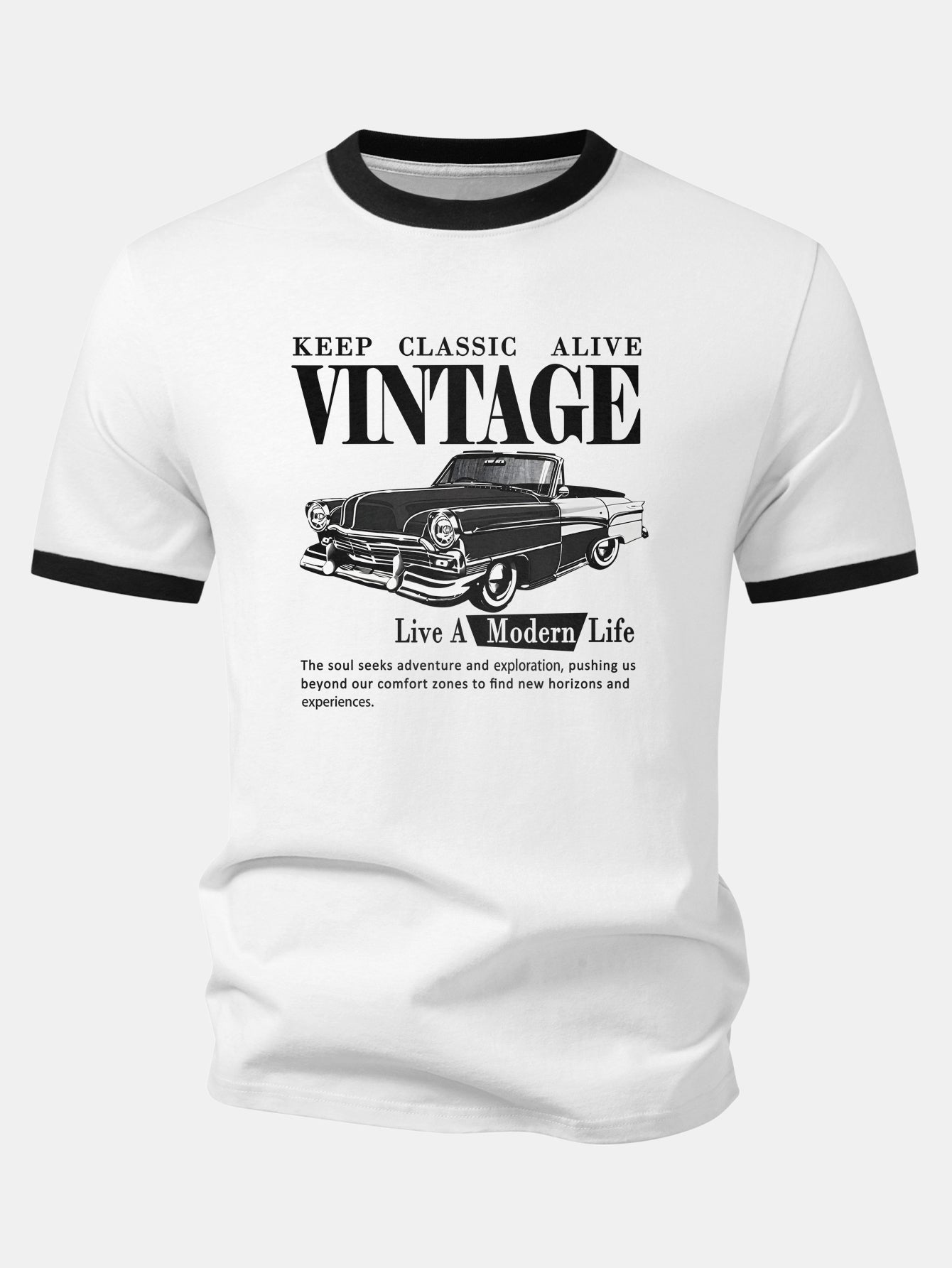Vintage Car Print Contrast Ringer T-Shirt & Cotton Drawstring 7" Shorts