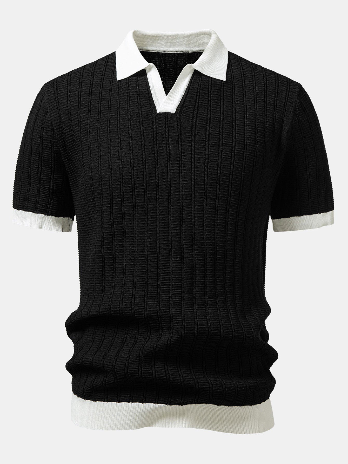Contrast Textured Johnny Collar Knit Polo & Crinkle Textured Straight Leg Pants