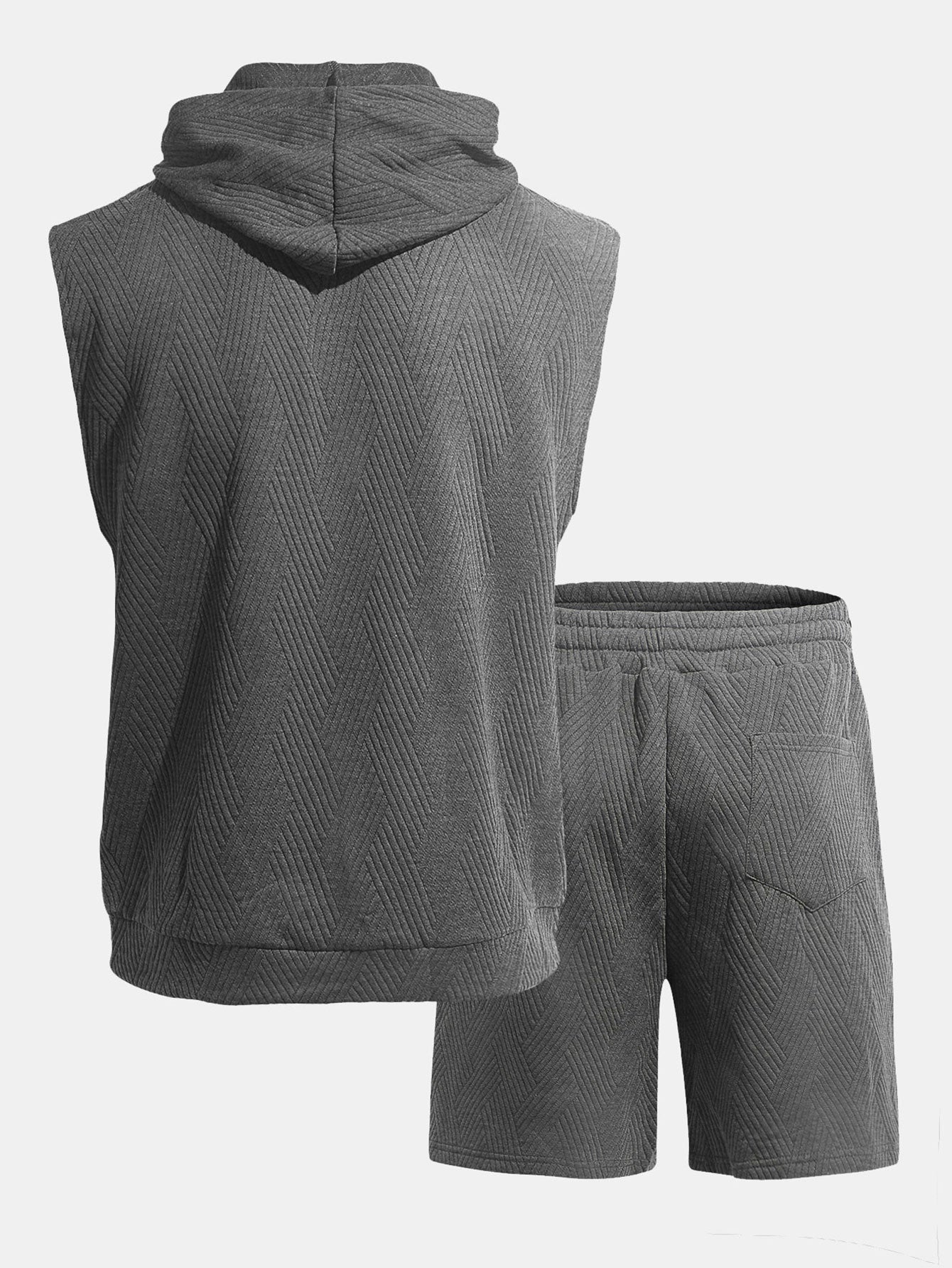 Stripe Textured Sleeveless Hooded T-Shirt & Drawstring Shorts Set