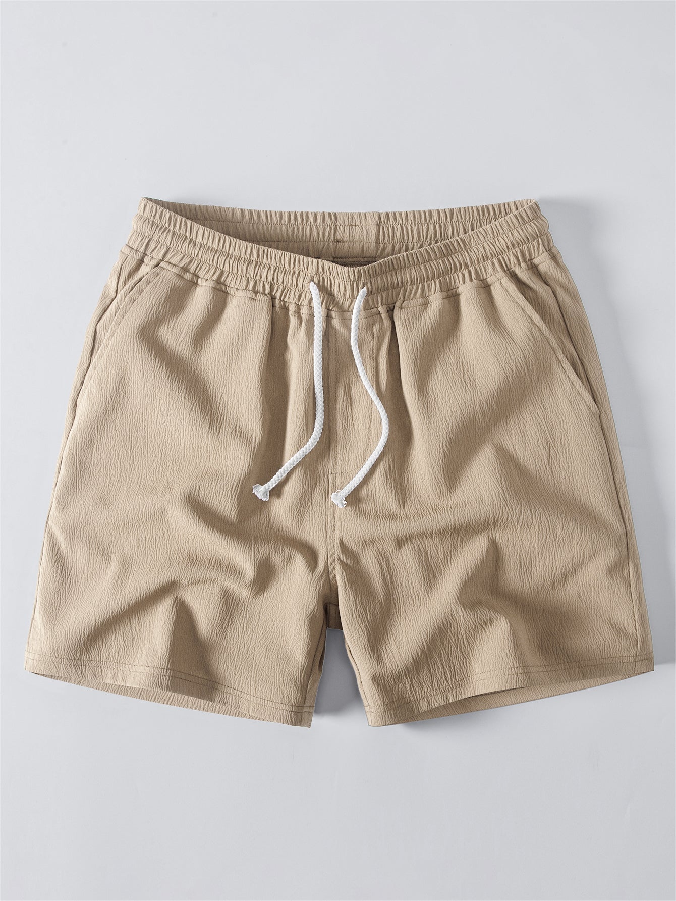 Linen Rayon Blend Button Up Shirt & Crinkle Textured Drawstring 5" Shorts
