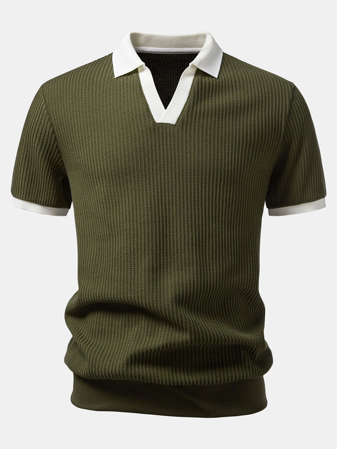 Contrast Knit Waffle Johnny Collar Polo & Drawstring Knitted Waffle Pants