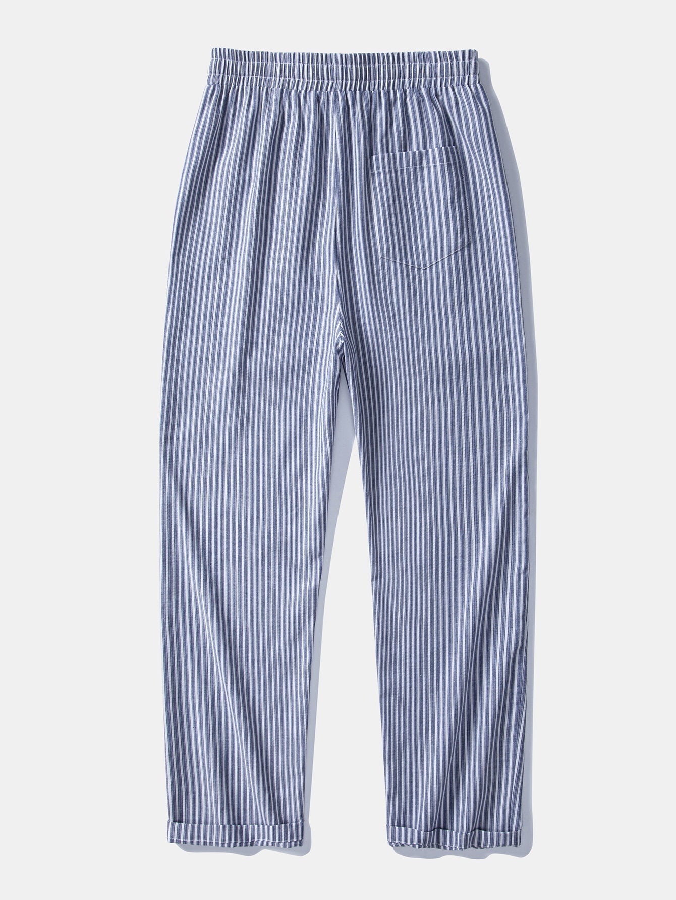 Short Sleeve Linen Look Stand Collar Shirt & Linen Look Stripe Straight Leg Pants