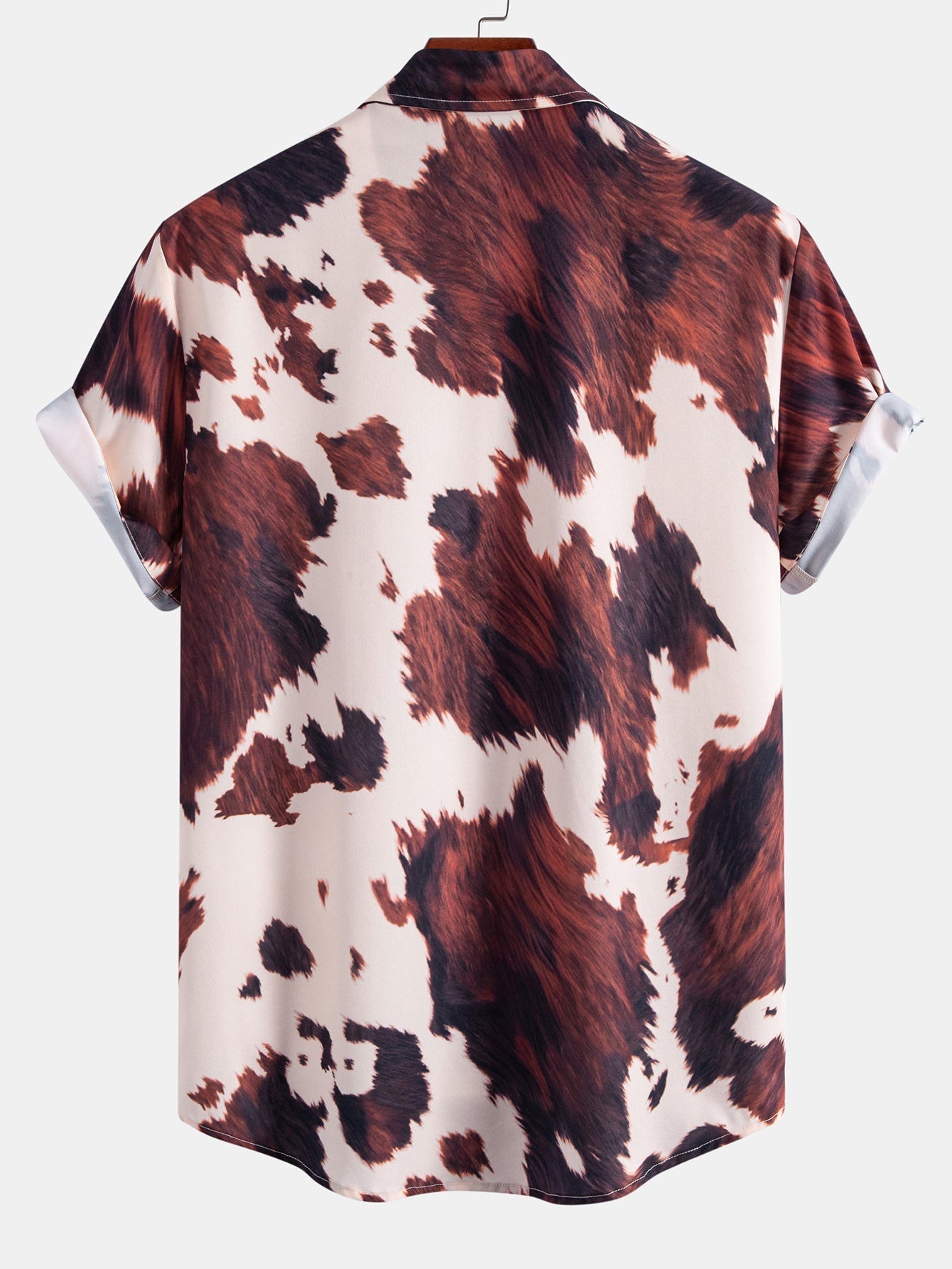 Cow Print Button Up Shirt & Crinkle Textured Drawstring 5" Shorts