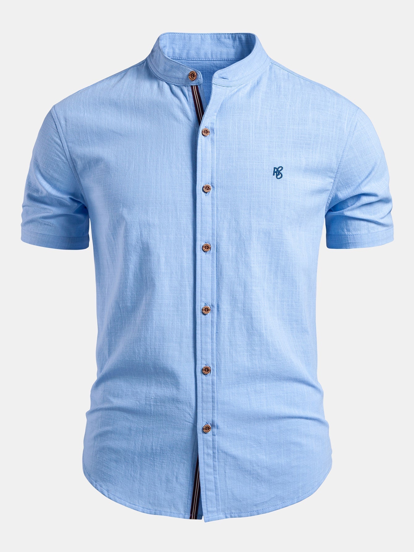 Short Sleeve Linen Look Stand Collar Shirt & Slim Fit Tapered Trousers