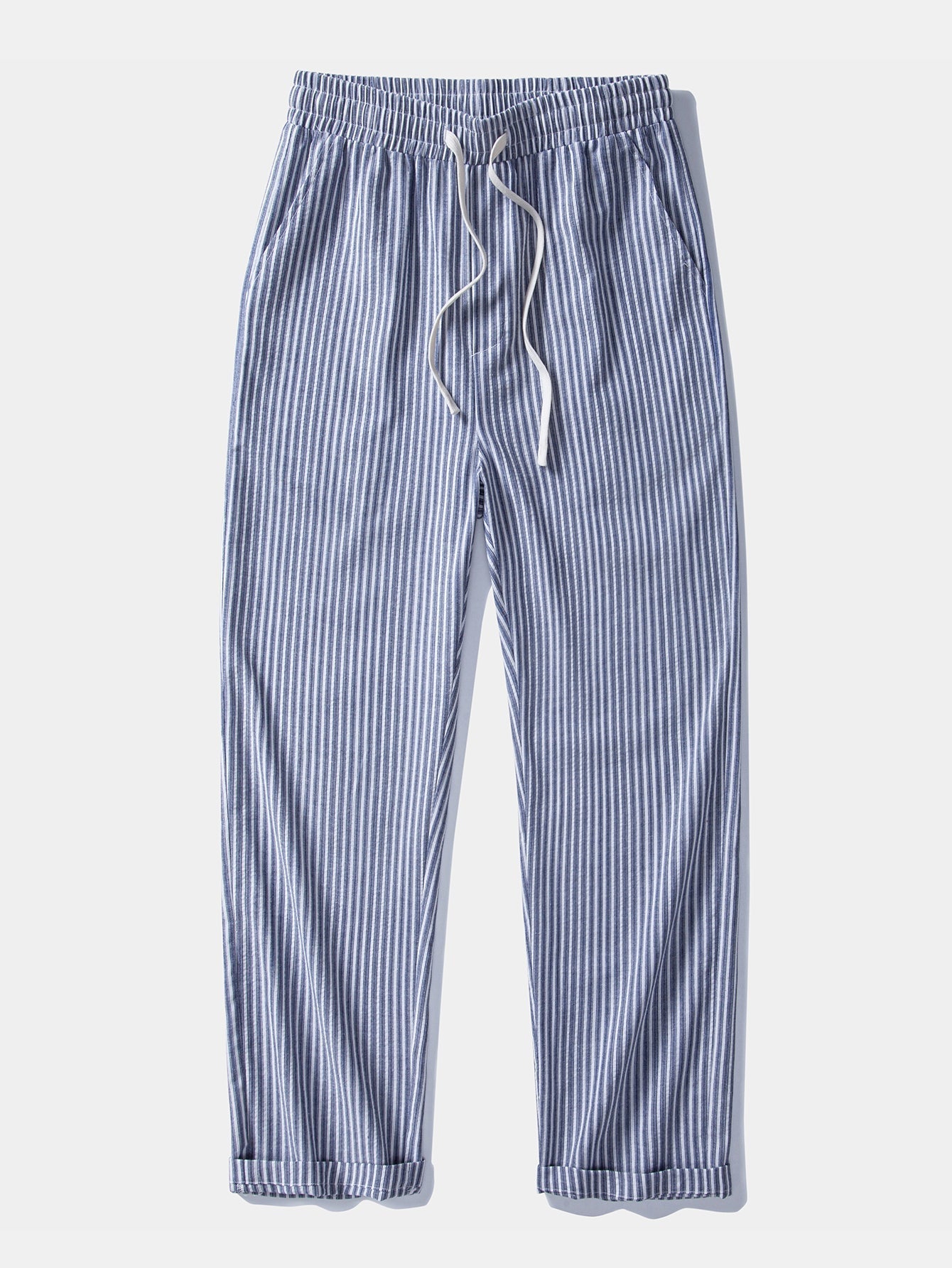 Linen Rayon Blend Button Up Shirt & Linen Look Stripe Straight Leg Pants