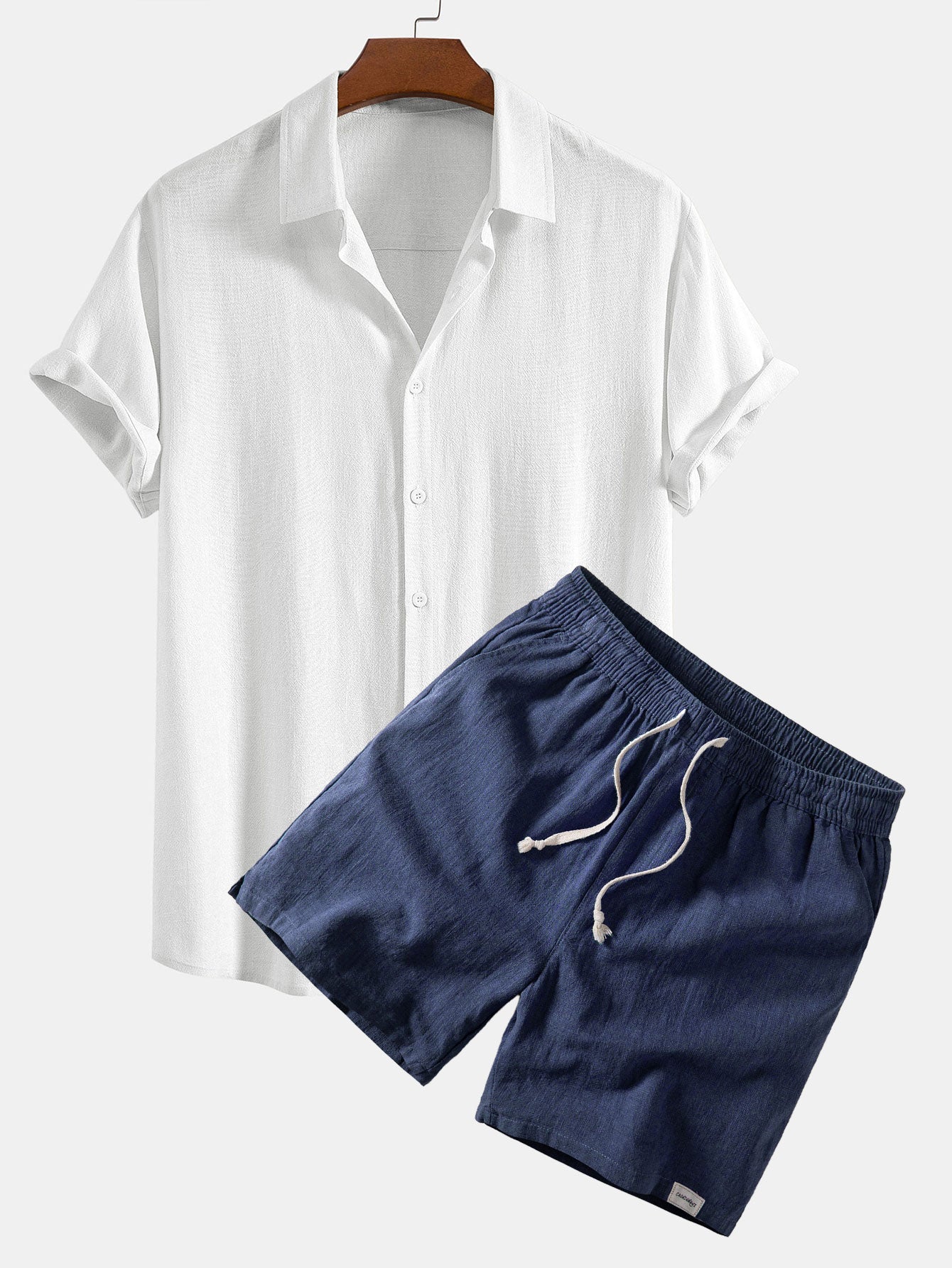 Linen Rayon Blend Button Up Shirt & Linen Blend Drawstring 7" Shorts