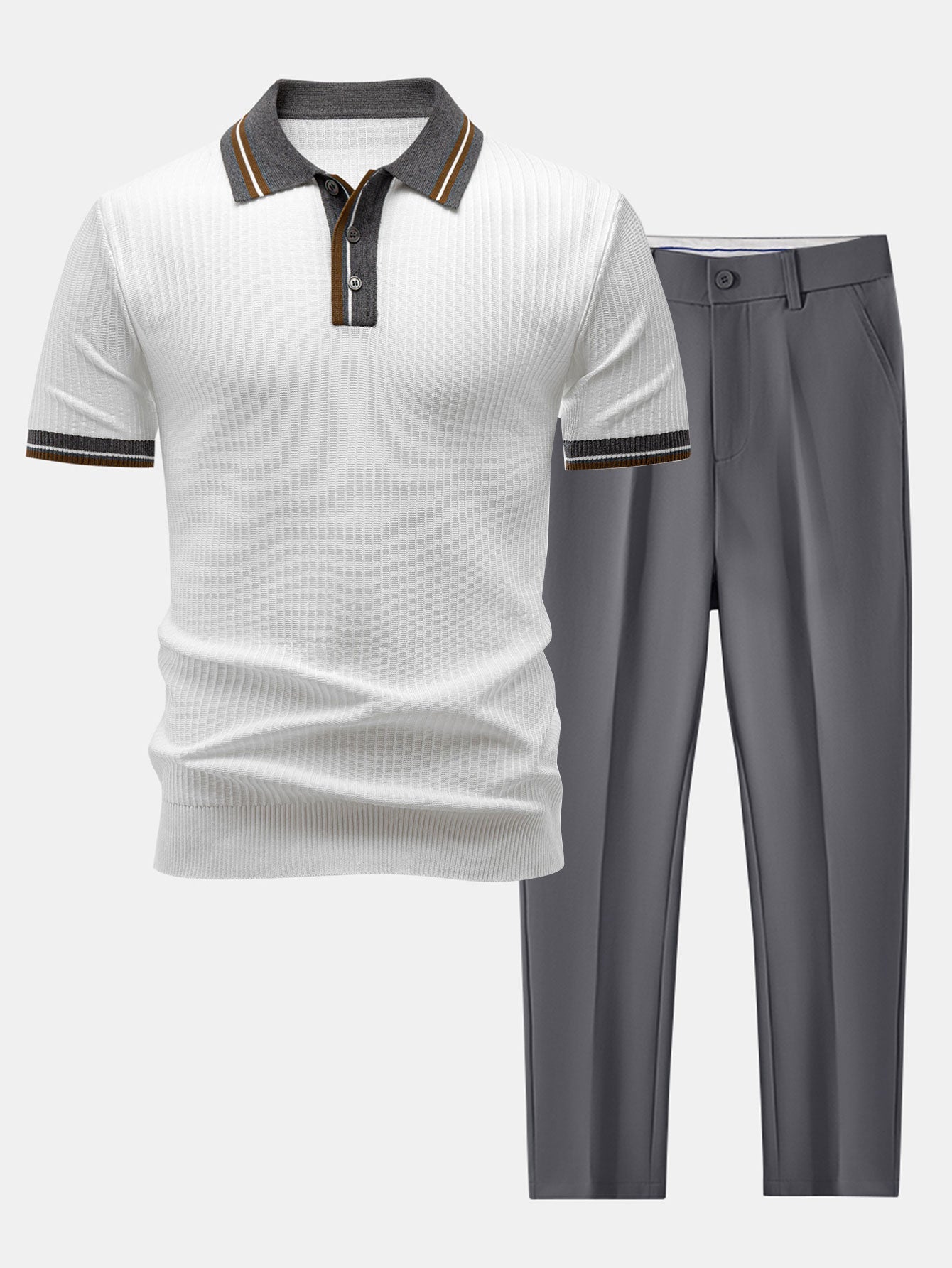 Contrast Trim Knit Polo Shirt & Slim Fit Tapered Trousers