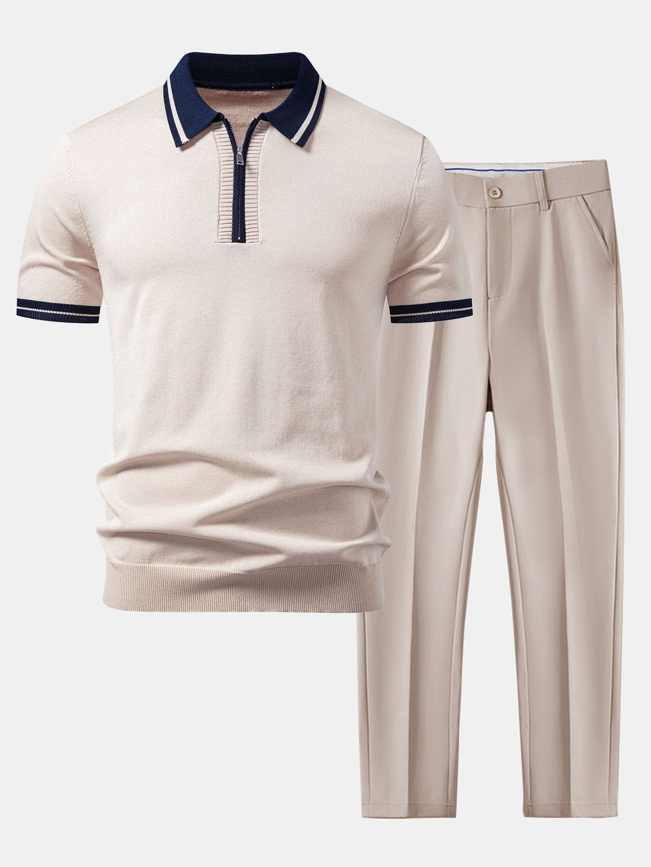 Contrast Trim Zipper Knit Polo & Slim Fit Tapered Trousers