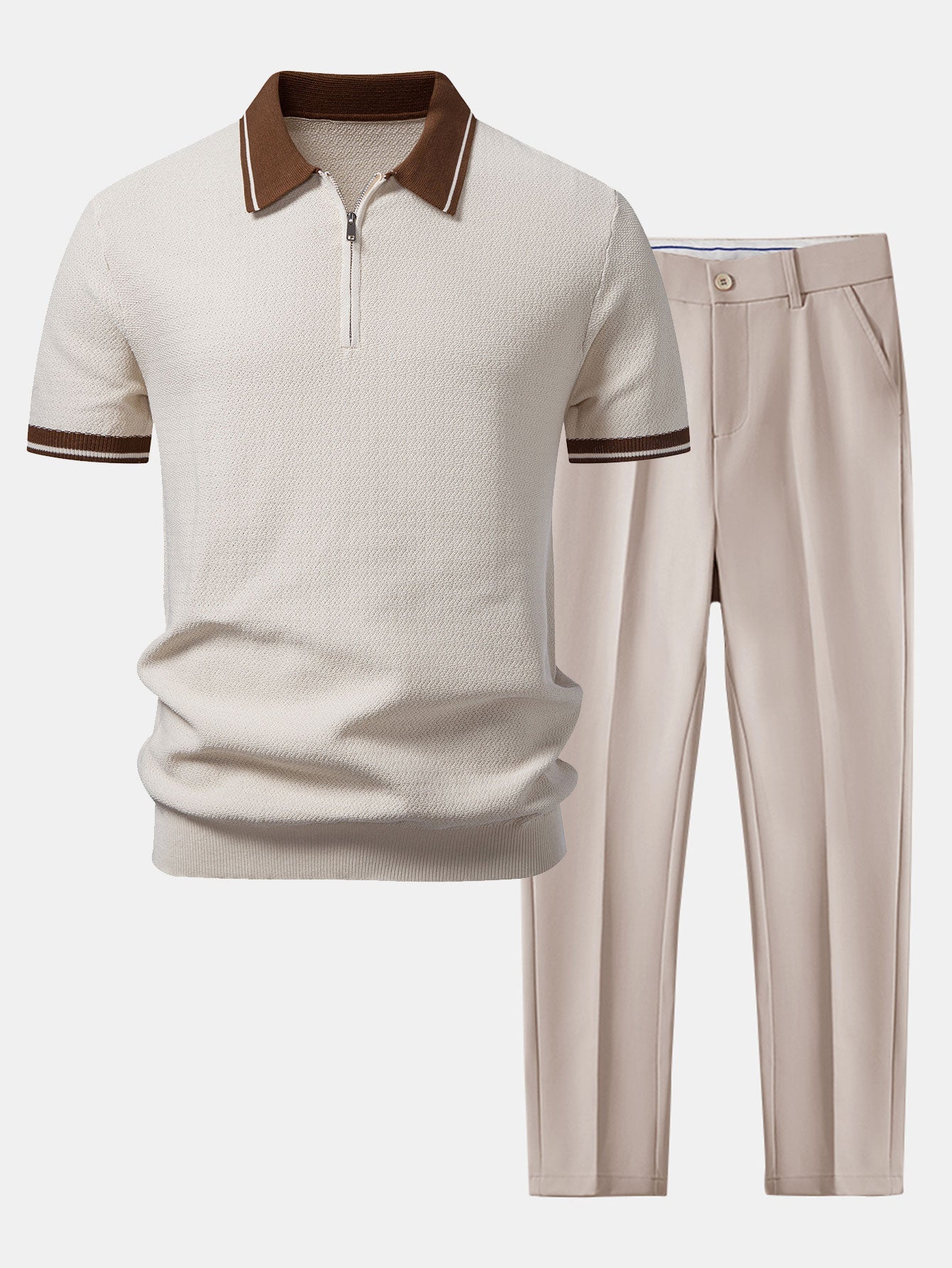 Contrast Zipper Knit Polo & Slim Fit Tapered Trousers