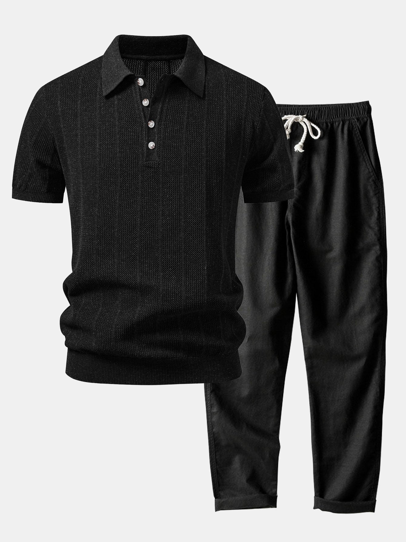 Linen Stripe Open Knit Polo & Straight Leg Linen Pants