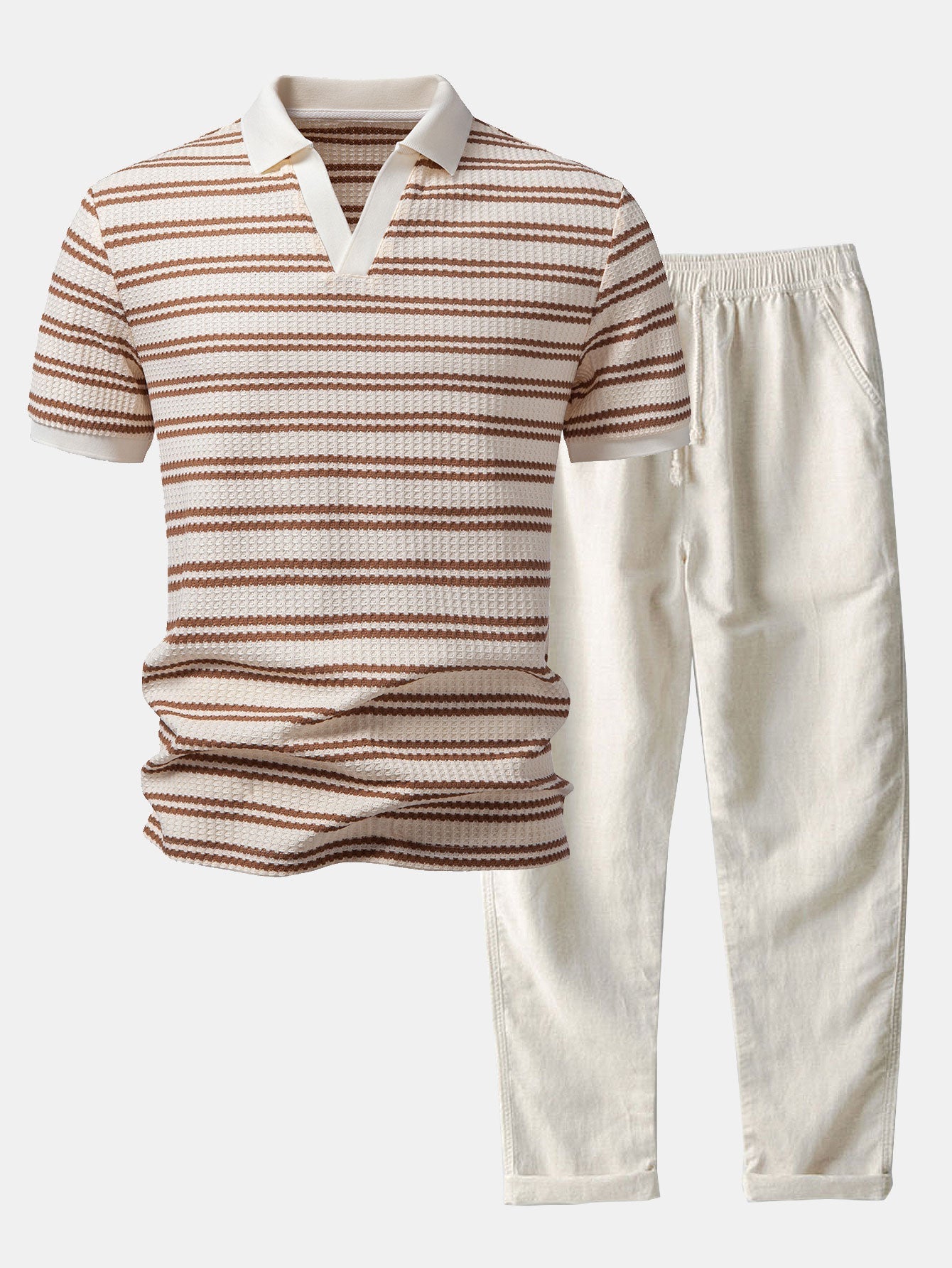 Stripe Waffle Johnny Collar Polo & Straight Leg Linen Pants