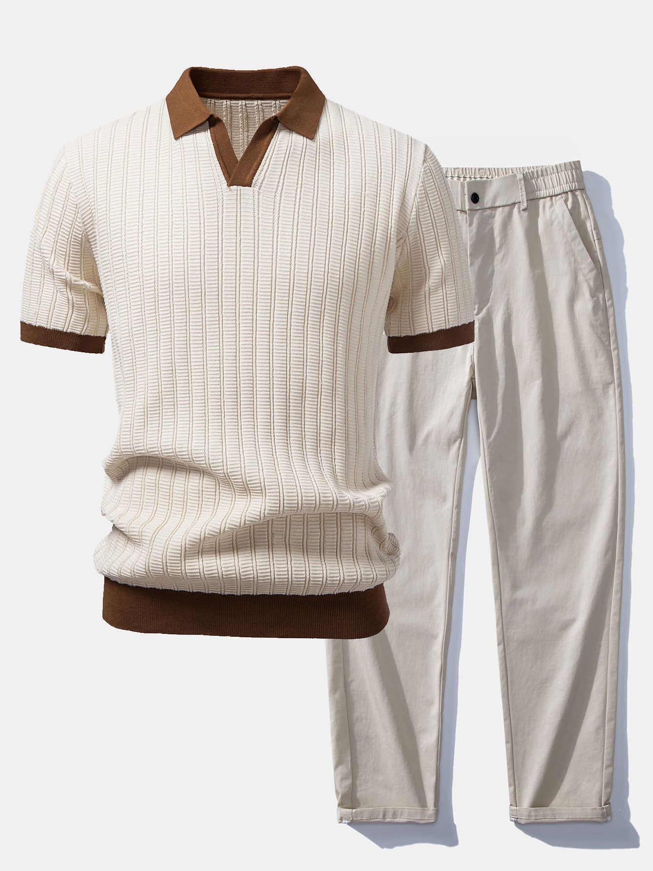 Contrast Textured Johnny Collar Knit Polo & Elastic Waist Straight Leg Trousers