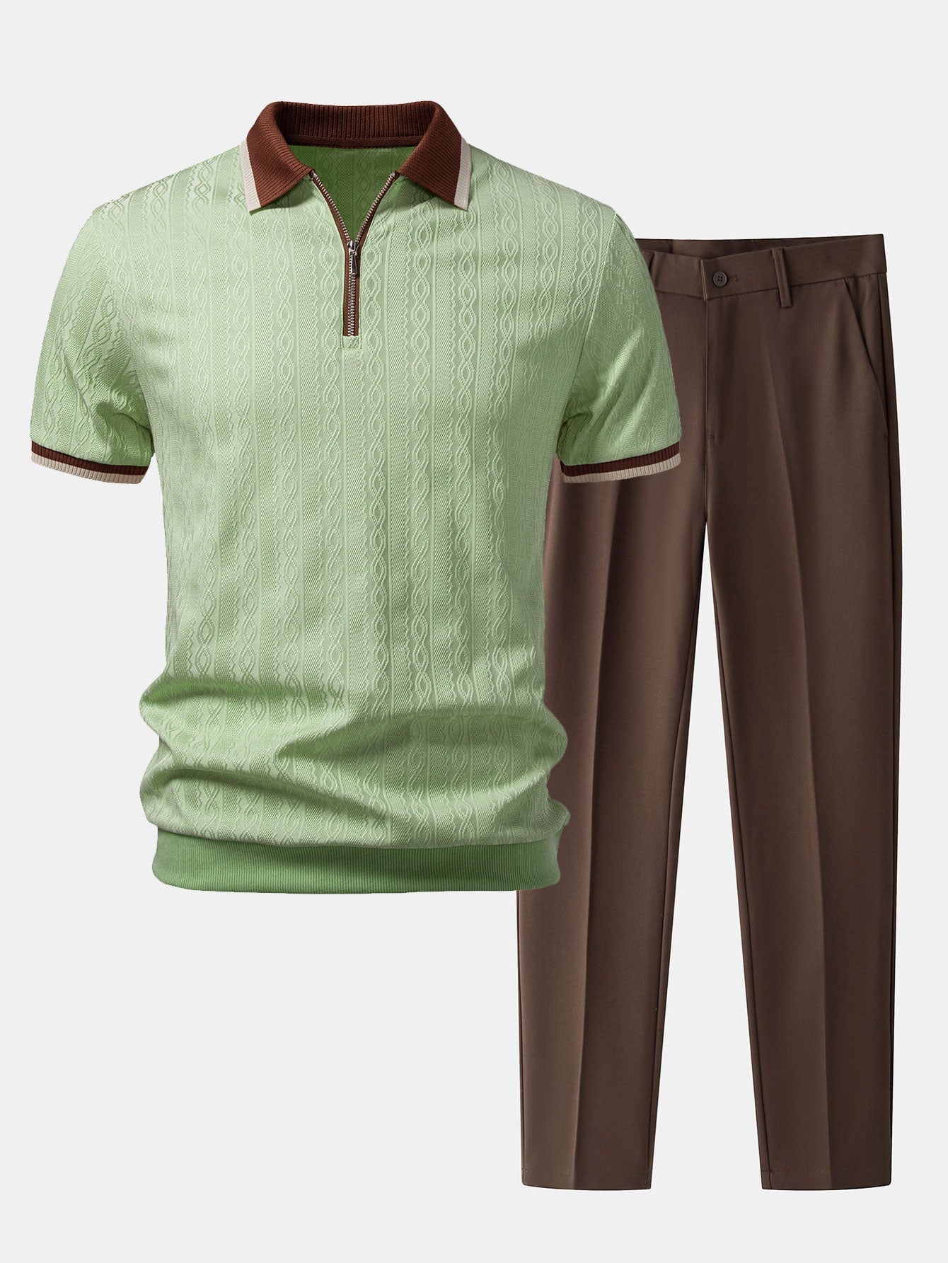 Contrast Trim Textured Zipper Knit Polo & Slim Fit Tapered Trousers