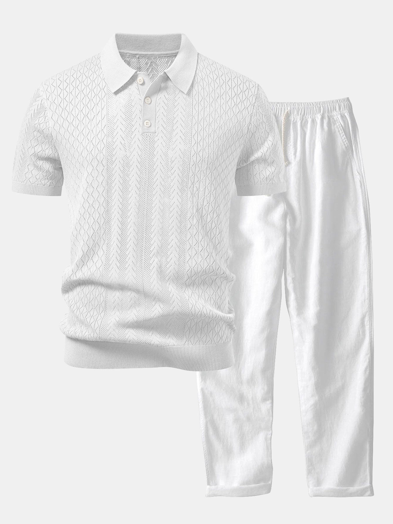 Geometric Jacquard Open Knit Polo & Straight Leg Linen Pants