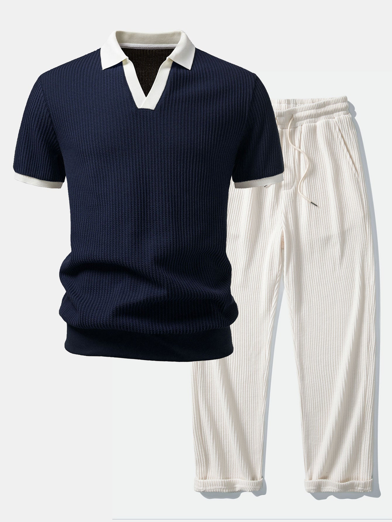 Contrast Knit Waffle Johnny Collar Polo & Drawstring Knitted Waffle Pants